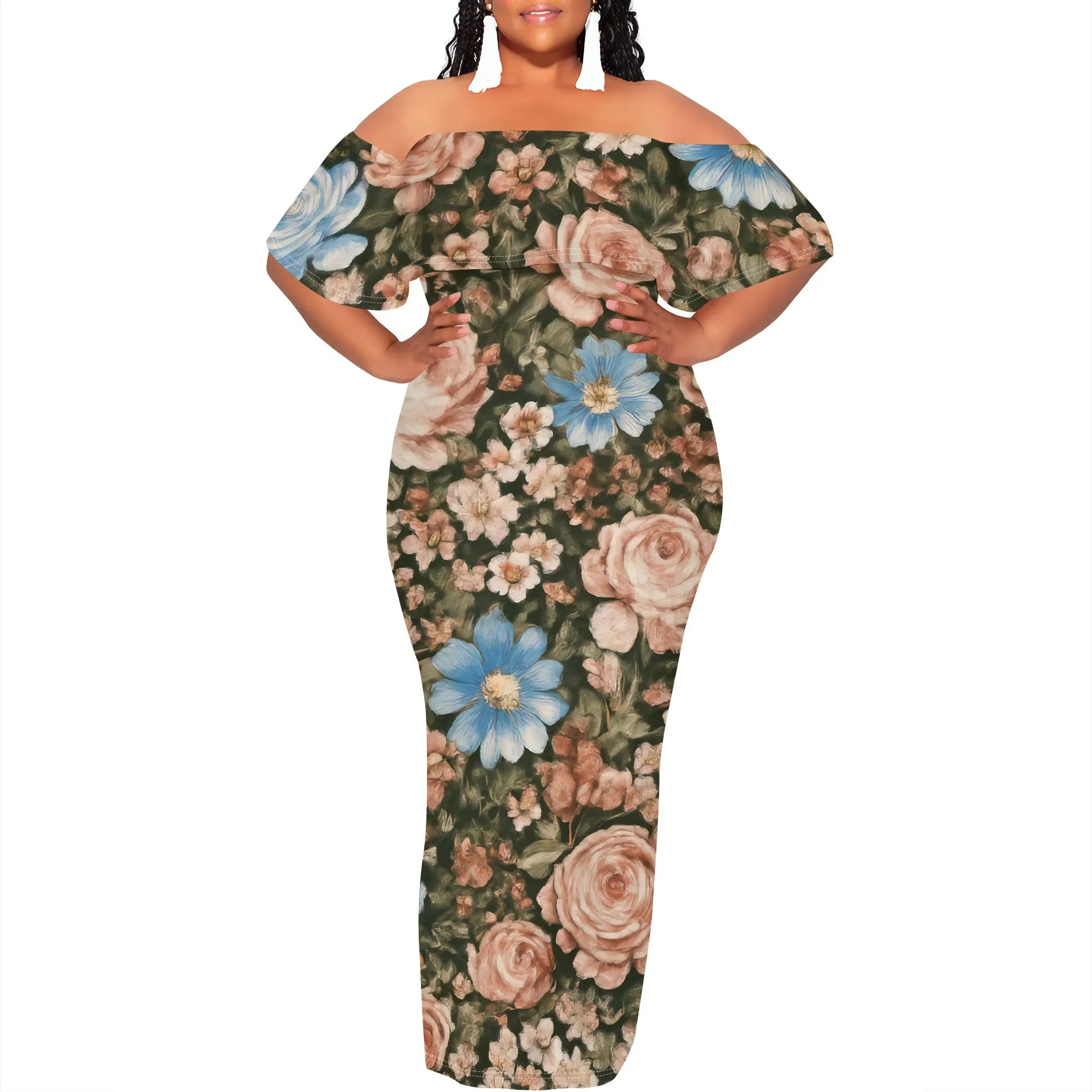 Curvy Women Casual Solid Color Off Shoulder Casual Short Sleeve Sexy Plus Size Maxi Dress Cocktail Club Party Dresses
