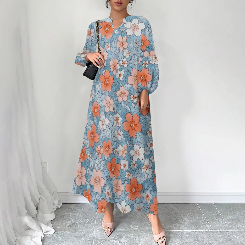 Women's Summer Boho Floral Long Sleeve V-Neck Midi Dress Casual Loose Colorful Beach Vacation Dress with Pockets