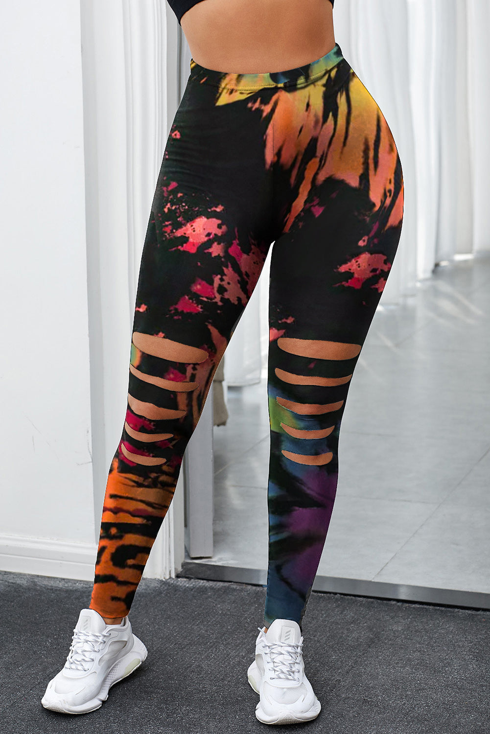 Leggings de sport multicolores tie-dye ajourés