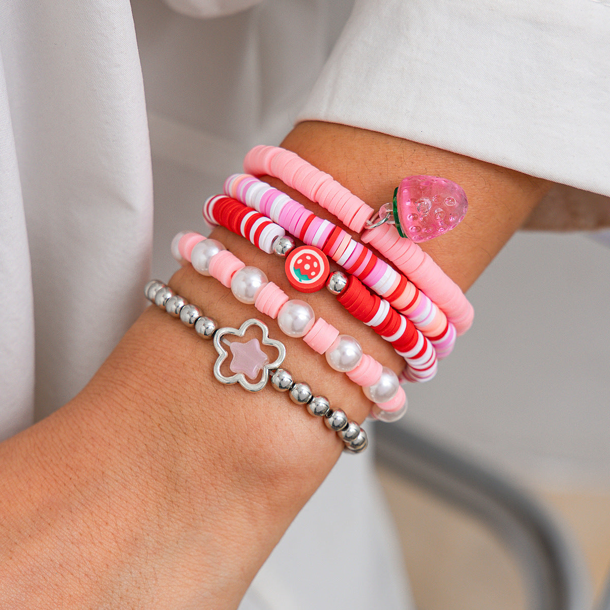 Sweet acrylic bead bracelet with cute strawberry soft ceramic CCB bracelet set