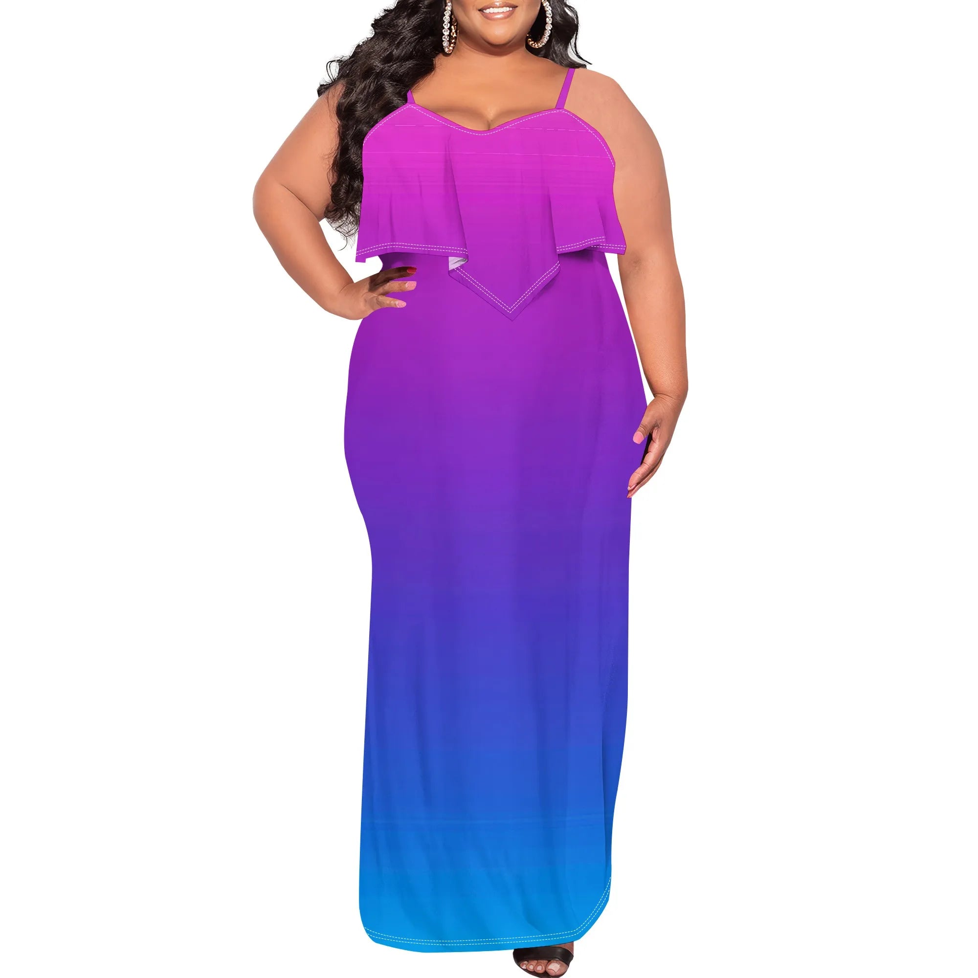 Womens Sexy Plus Size Sleeveless Spaghetti Strap Stripes Printed Ruffles Party Clubwear Dress