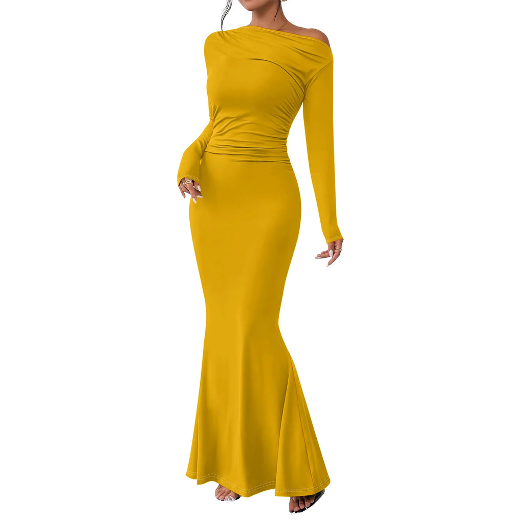 Vestido largo ajustado con cuello redondo y fruncido para mujer, manga larga, corte entallado, elegante, acampanado, para noche, cóctel o fiesta. 