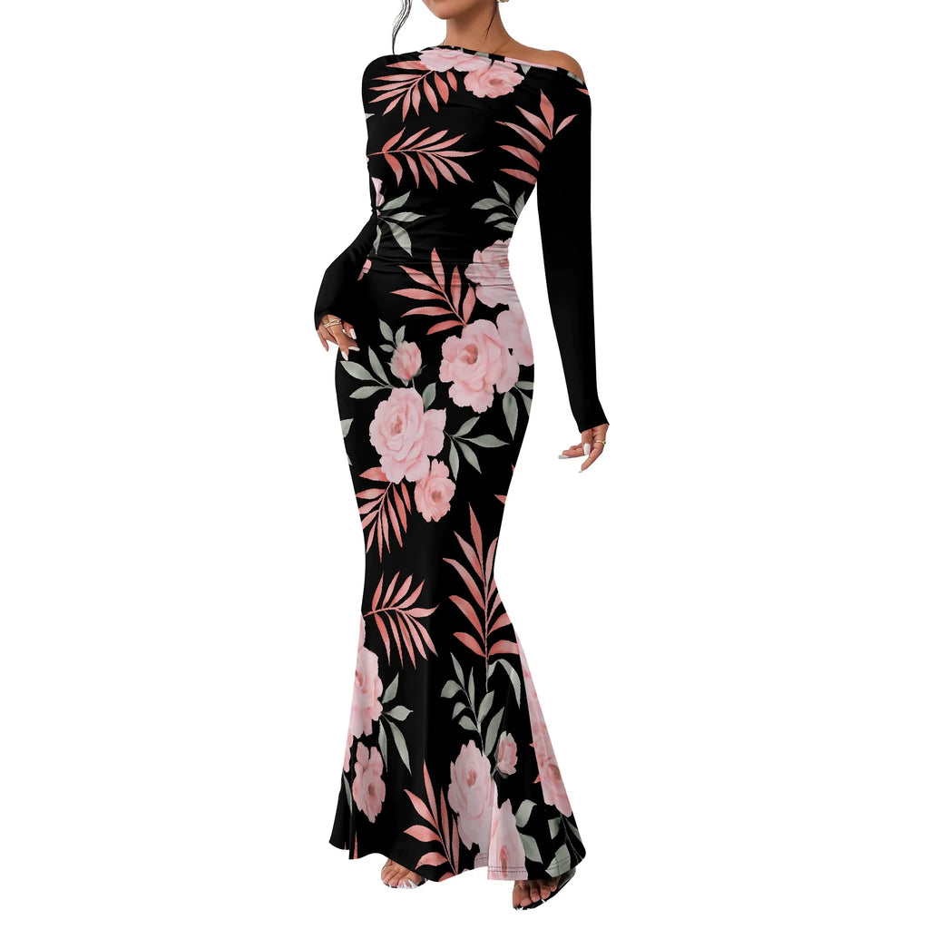 Vestido largo ajustado con cuello redondo y fruncido para mujer, manga larga, corte entallado, elegante, acampanado, para noche, cóctel o fiesta. 