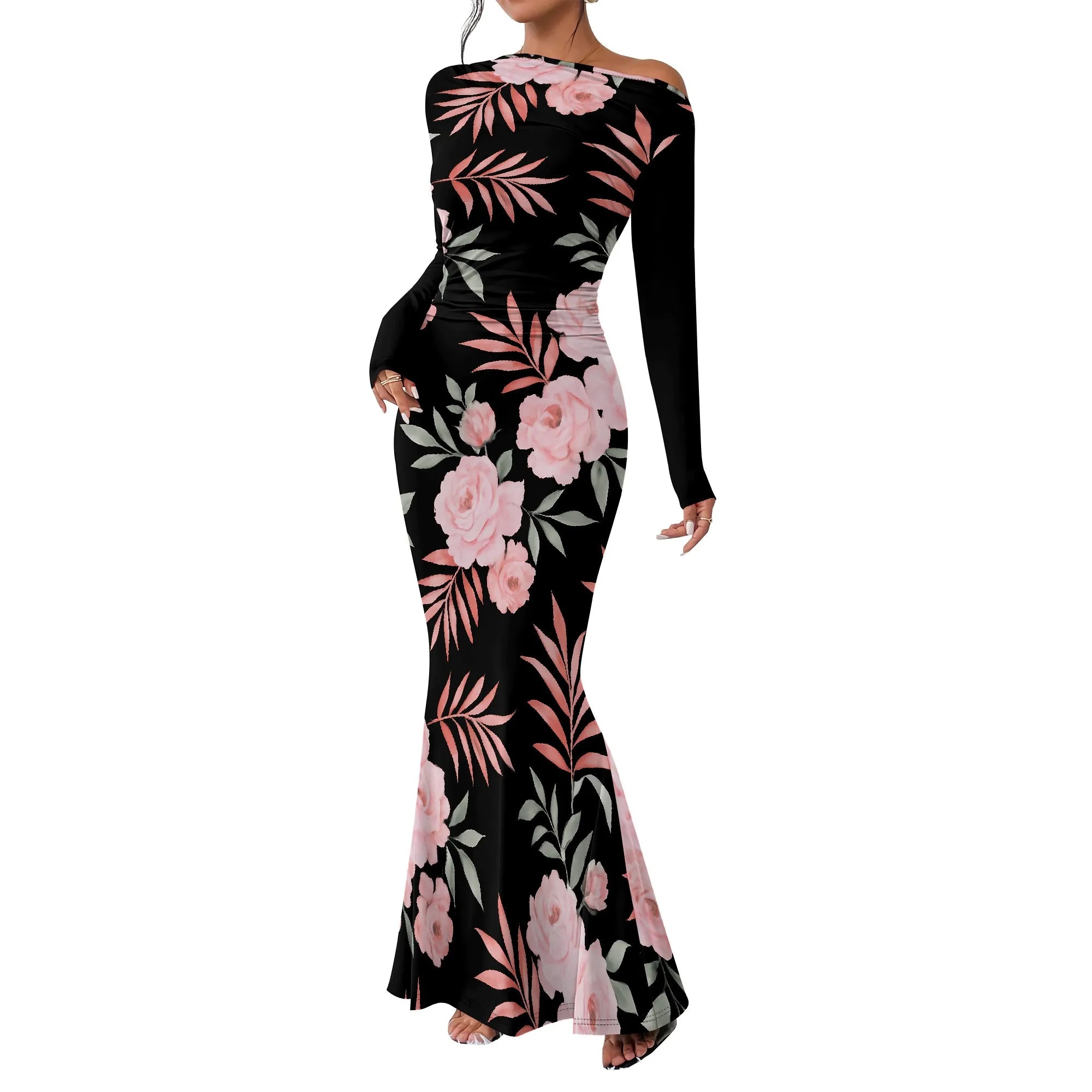 Vestido largo ajustado con cuello redondo y fruncido para mujer, manga larga, corte entallado, elegante, acampanado, para noche, cóctel o fiesta. 