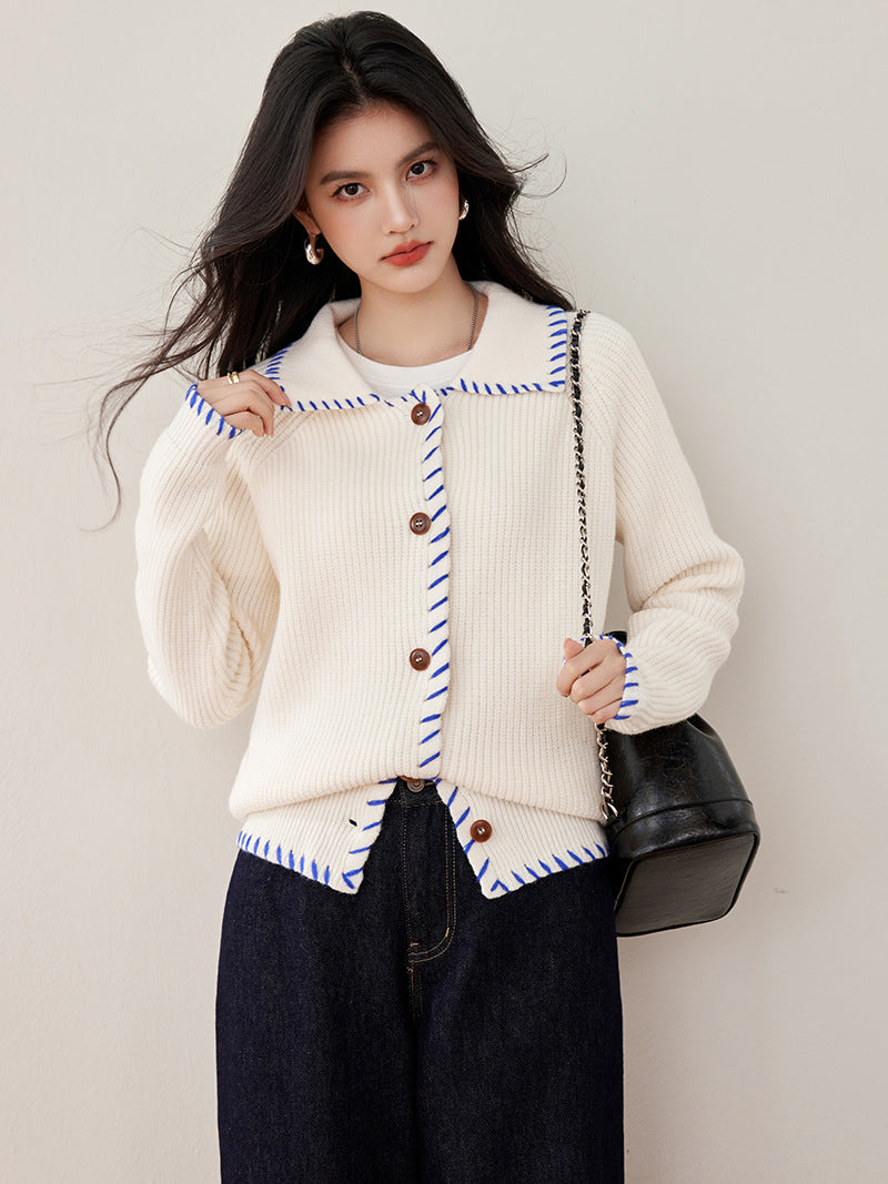 Laziness Style Color-block Loose Slim-fit Turn-down Collar Knit Sweater Coat