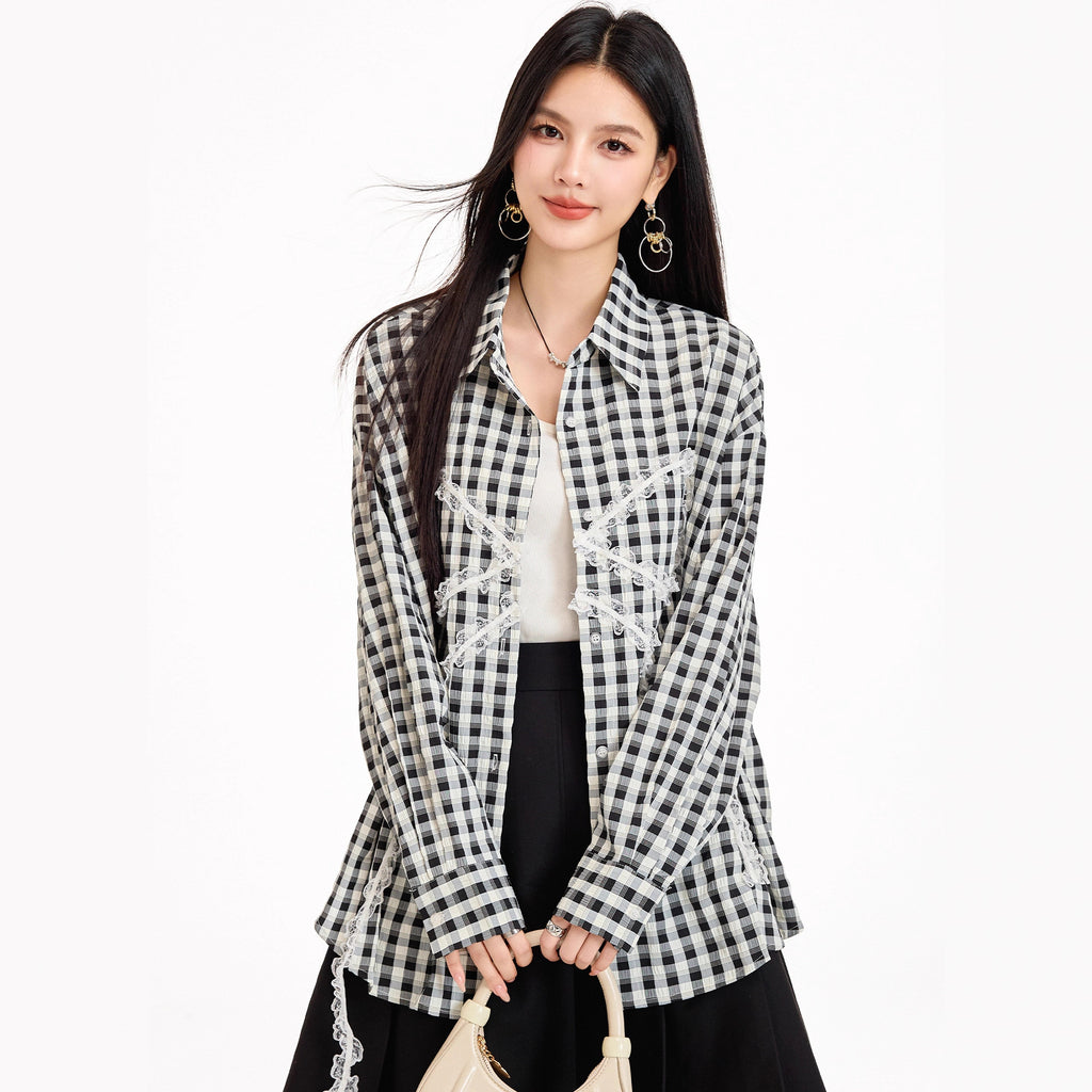 Sweet Lazy Korean-Style Design Black and White Checkered Bow Loose Shirt, Casual Lightweight Sun Protection Jacket for Women