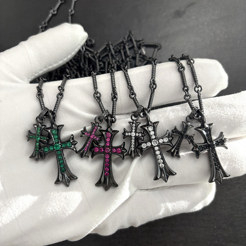 Vintage colored diamond double cross pendant necklace