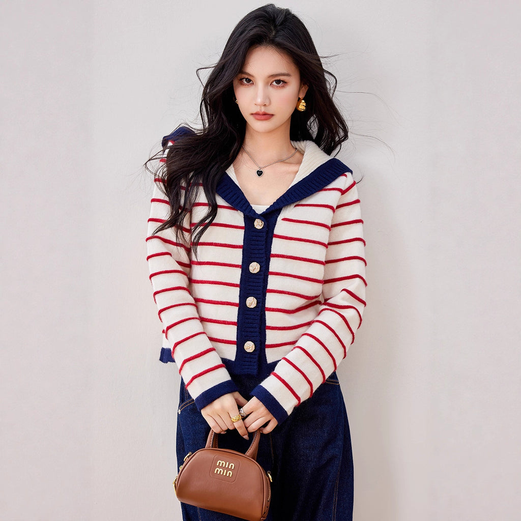 Navy Style Striped Knit Cardigan with Large Turn-Down Collar for Women, Long Sleeve Sweater Top