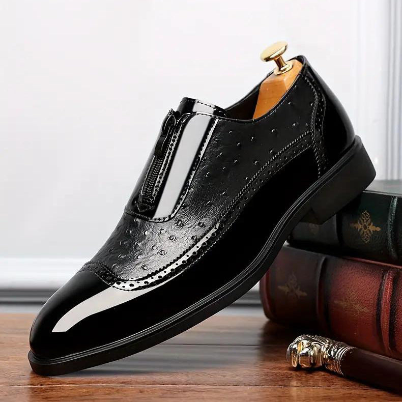 Chaussures Chelsea pour homme en cuir brillant à bout pointu et fermeture éclair en relief