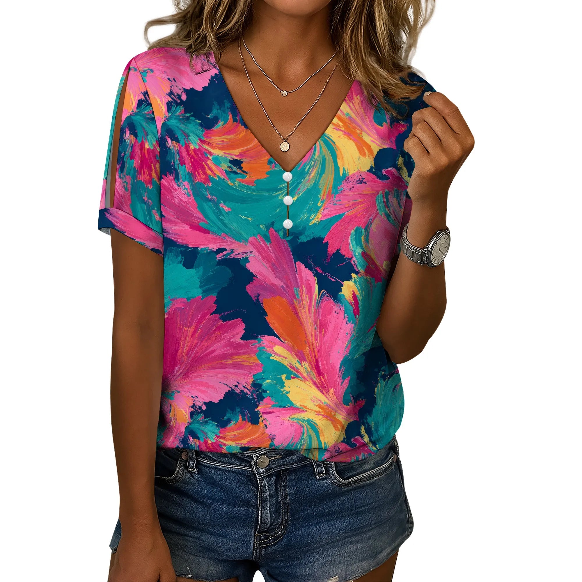 Cold Shoulder Casual Tops for Women Button Boho Floral Printed V-Neck Vintage Short Sleeve Summer T Shirts