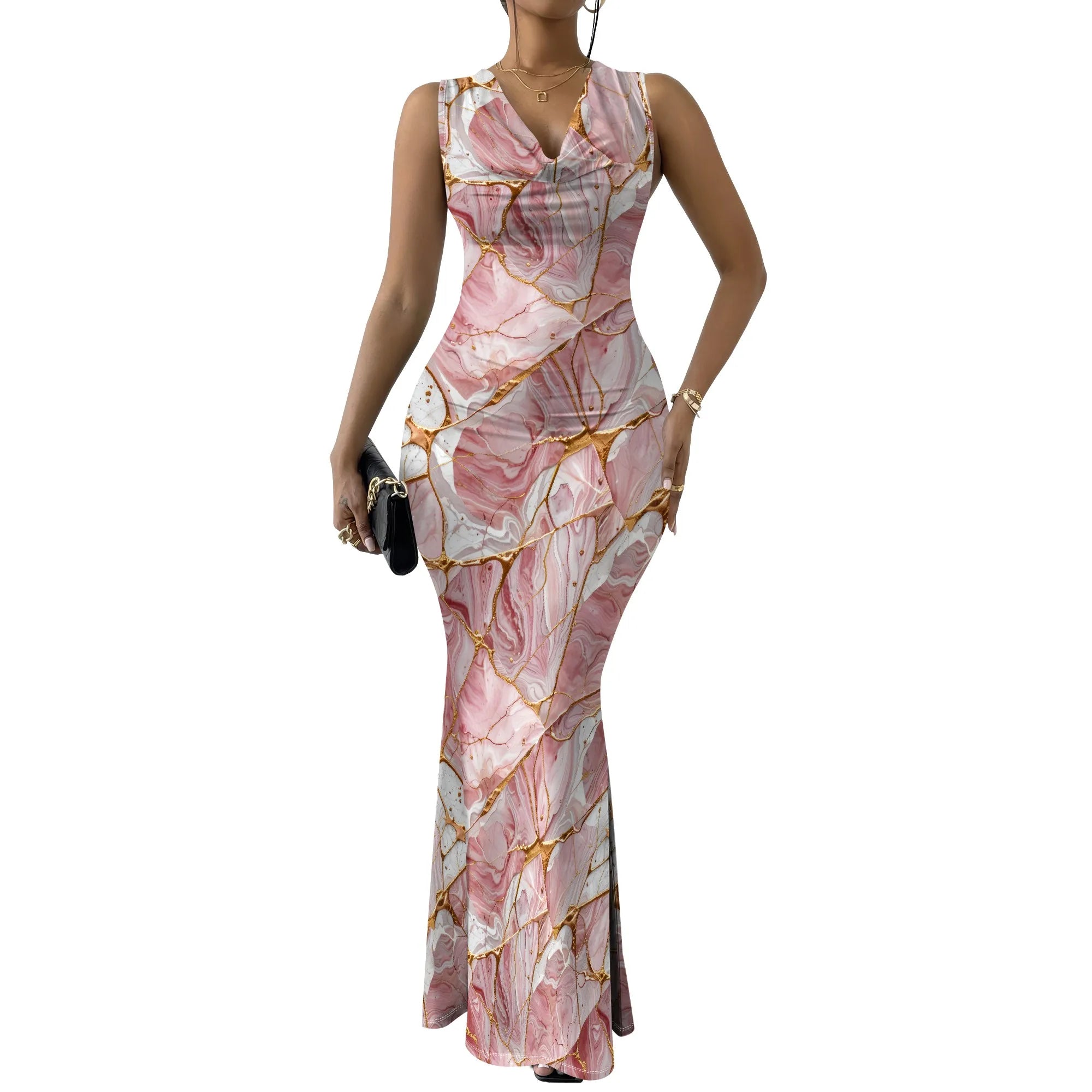 Women's Sexy V Neck Sleeveless Fitted Dress Elegant Casual Curve Pencil Skirt Cocktail Floral Print Long Evening Gown