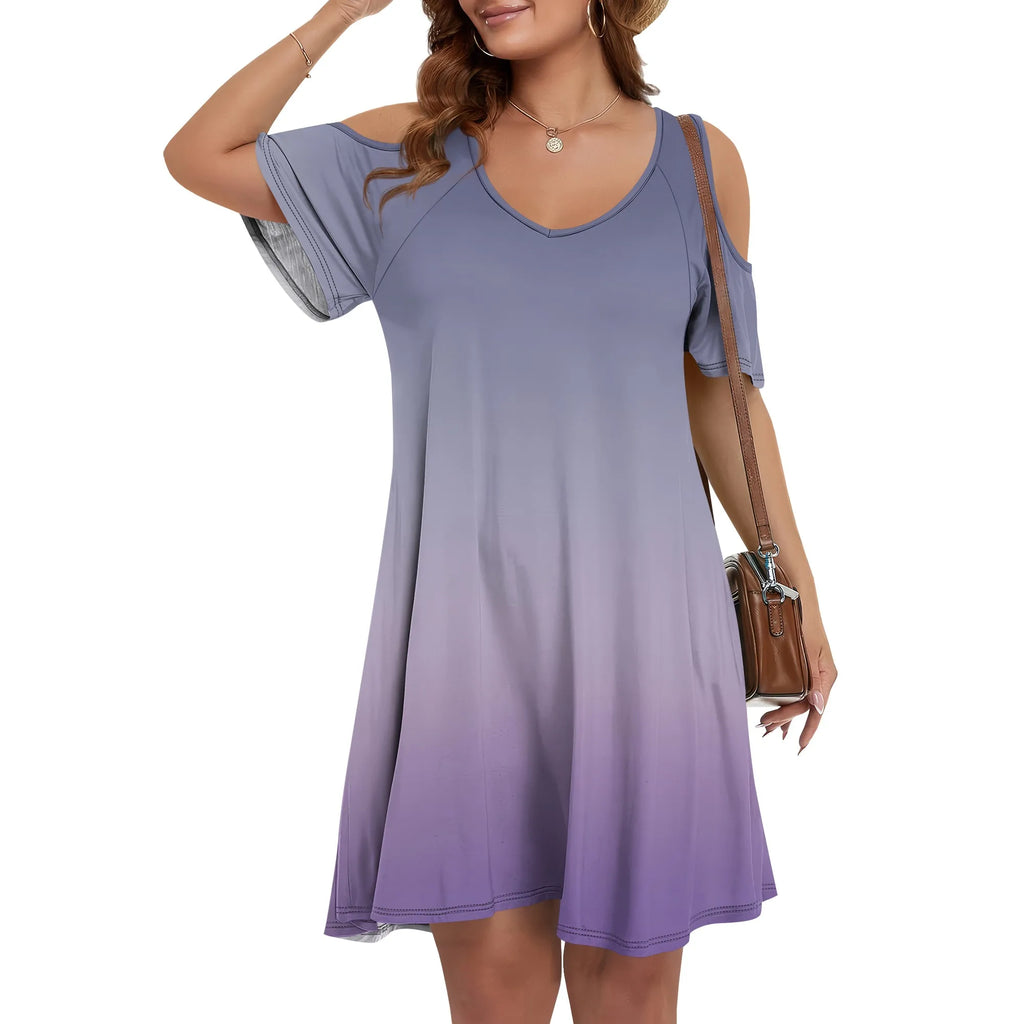 Vestido estilo camiseta de manga corta con hombros descubiertos, escote en V y bolsillos para mujer, talla grande 