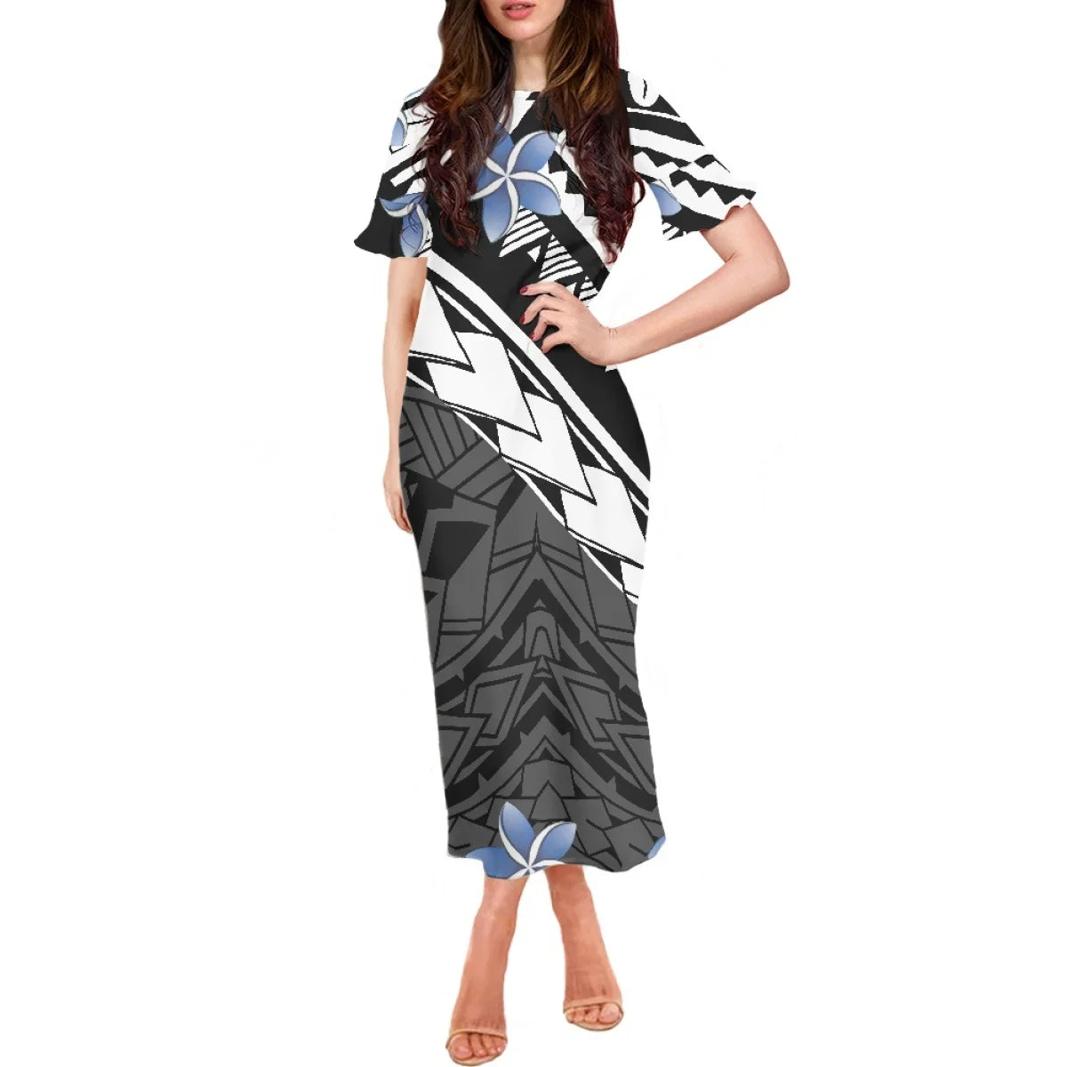 Summer Flowers Polynesian Tiare Monoi Tattoo Dress Hawaiian Style Women's Ruffle Short Sleeve Dress Casual Clothing