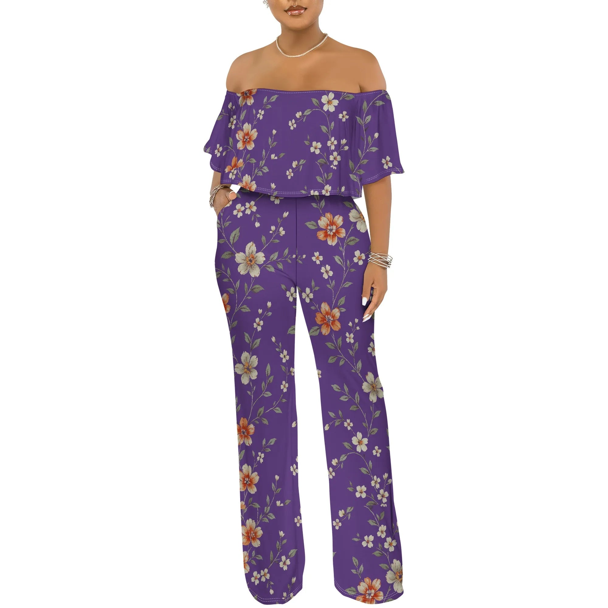 Off Shoulder Tube Top Ruffle Floral Print Jumpsuits for Women Wide Leg Pants Club Party Outfits Jumpsuit with Pockets