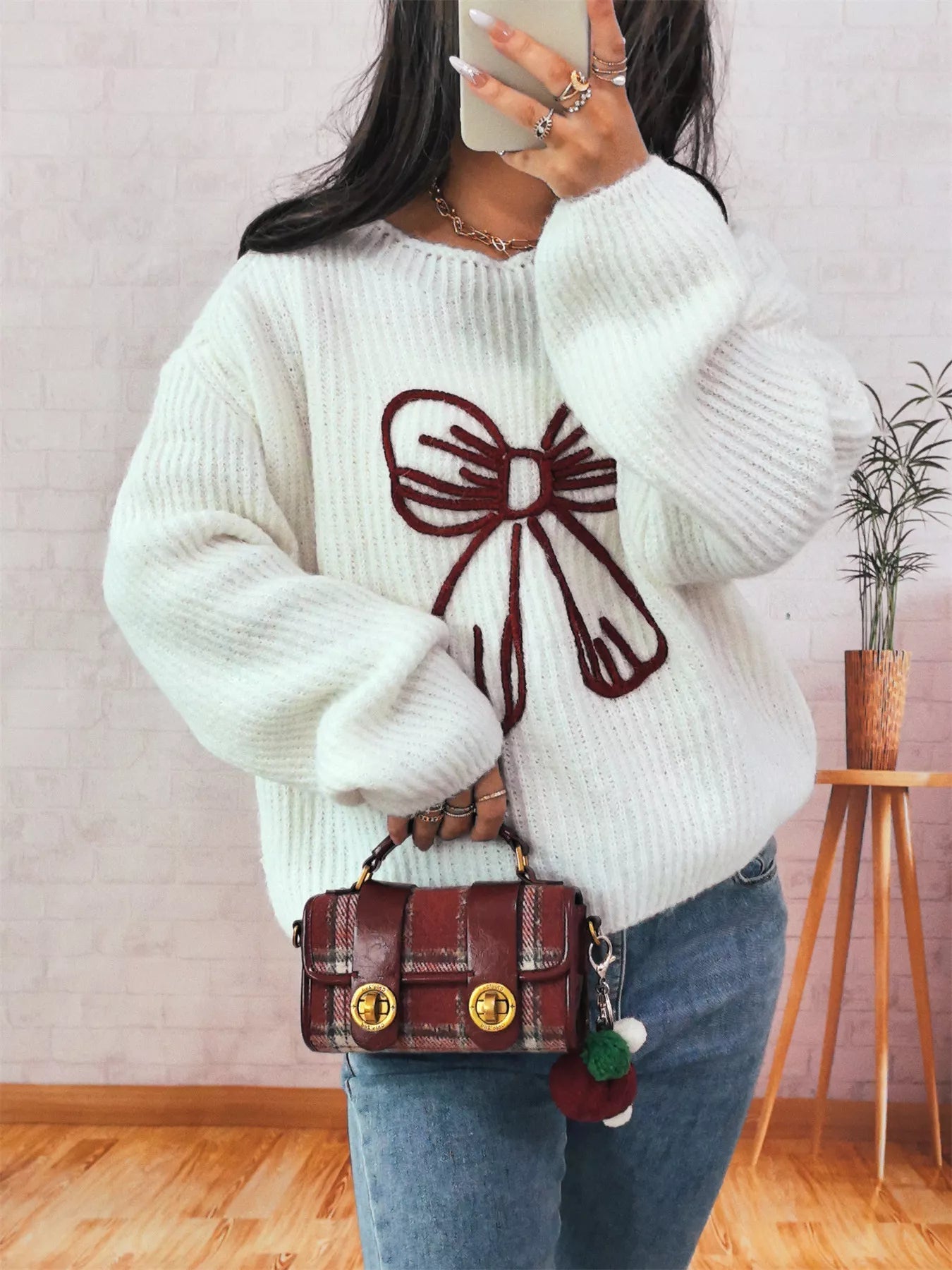 Bow Round Neck Long Sleeve Sweater