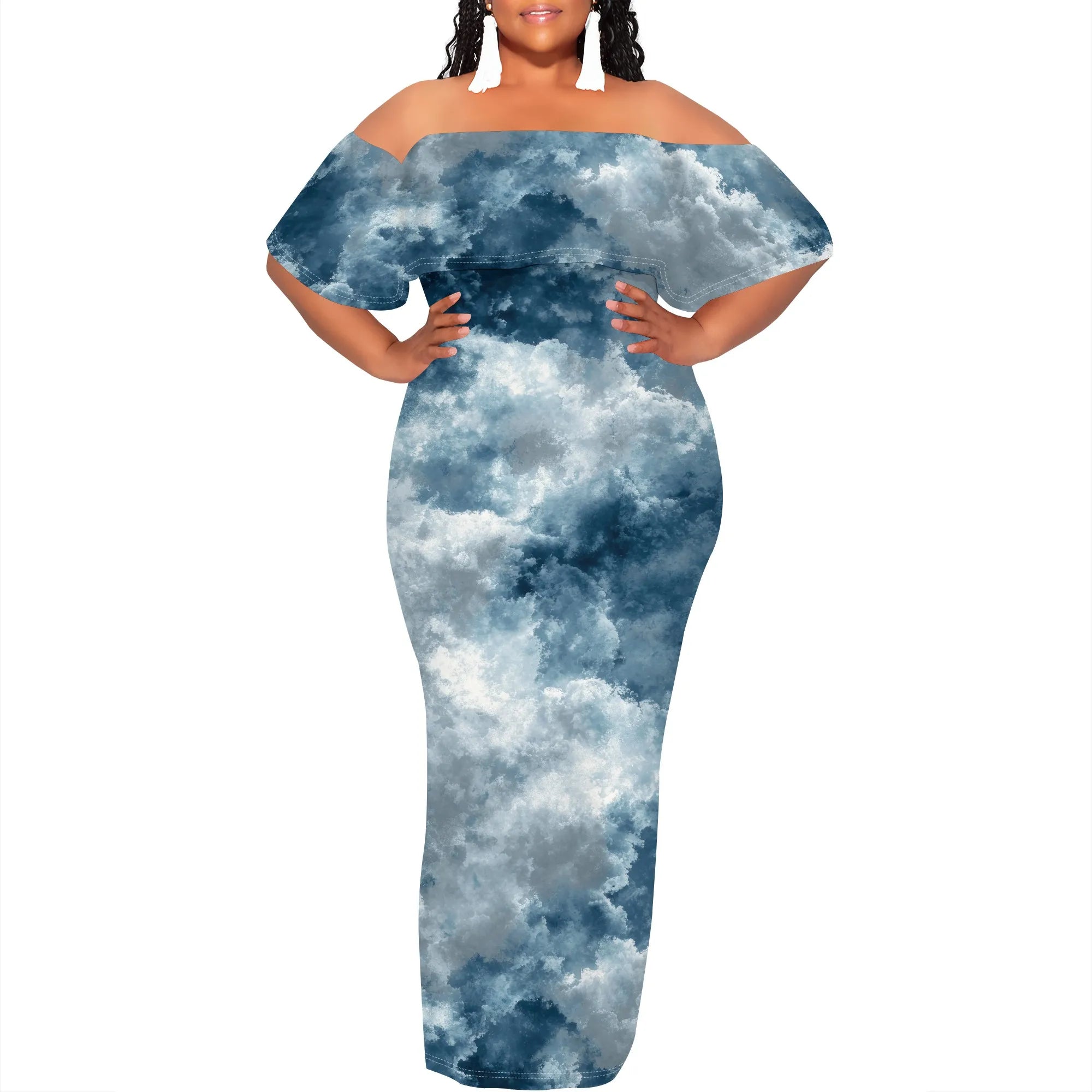 Curvy Women Casual Solid Color Off Shoulder Casual Short Sleeve Sexy Plus Size Maxi Dress Cocktail Club Party Dresses