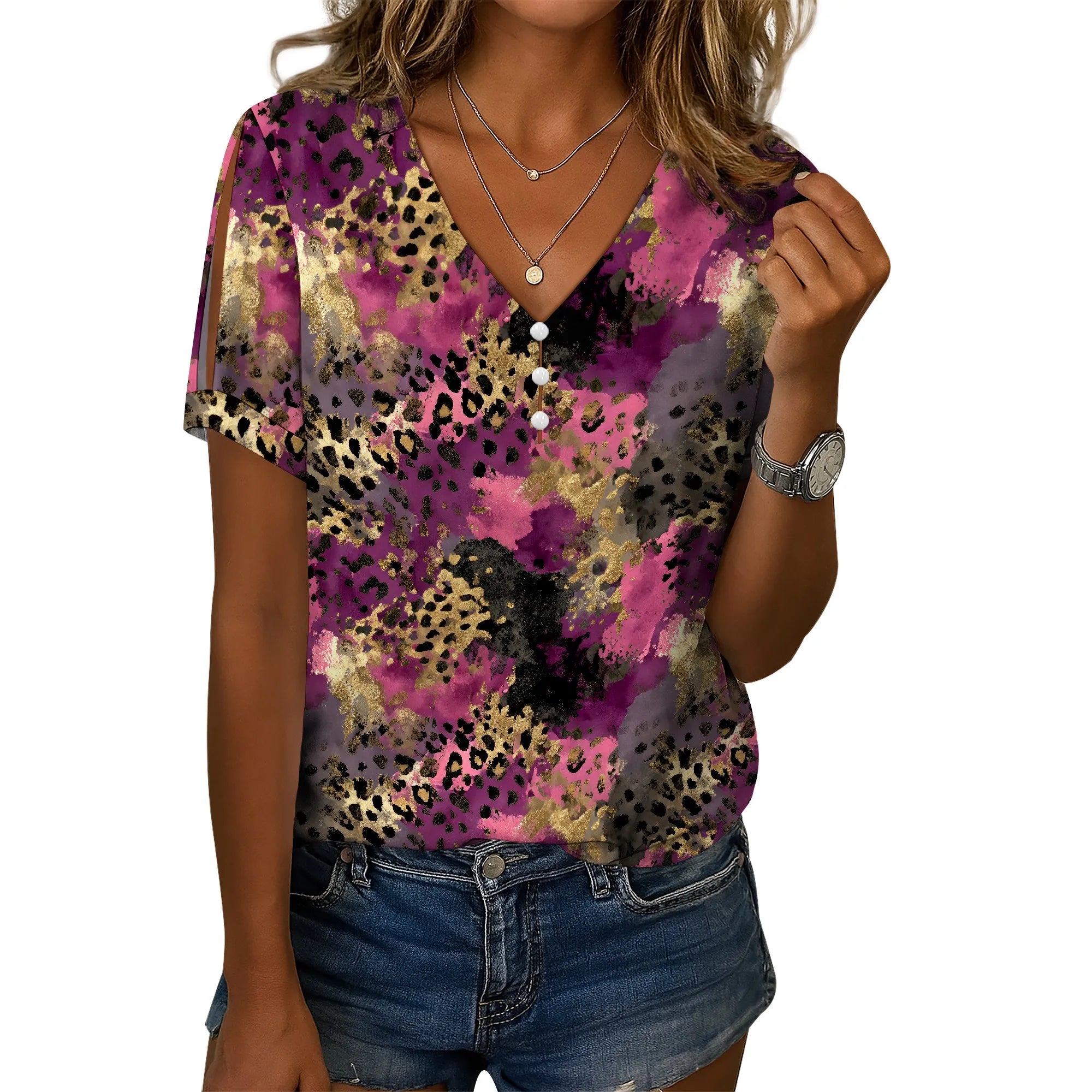 Cold Shoulder Casual Tops for Women Button Boho Floral Printed V-Neck Vintage Short Sleeve Summer T Shirts