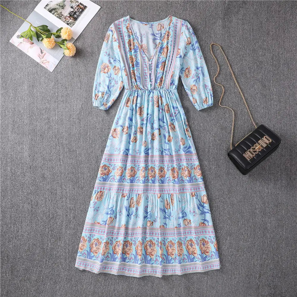 Women's V-neck High Waist Bohemian Mid-length Dress