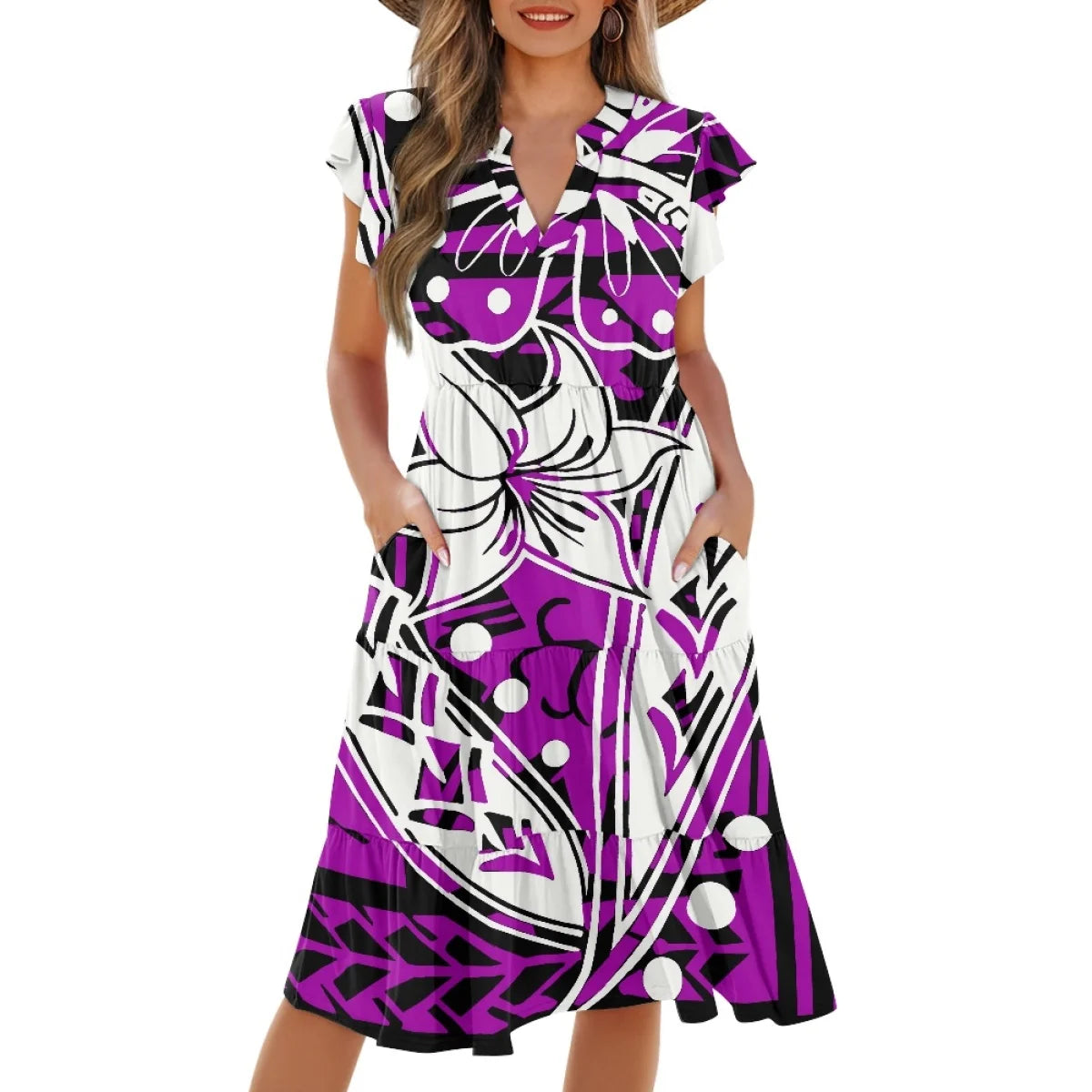 New Arrival Purple Polynesian Tiare Flower Dress Fashion Elegant Hawaiian Women Deep V Neck Pocket Waist Splicing Dress