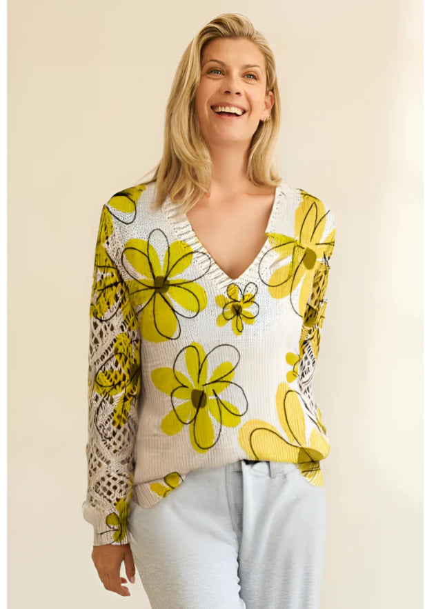 Printed sweater elegant bohemian floral V-neck long sleeved top