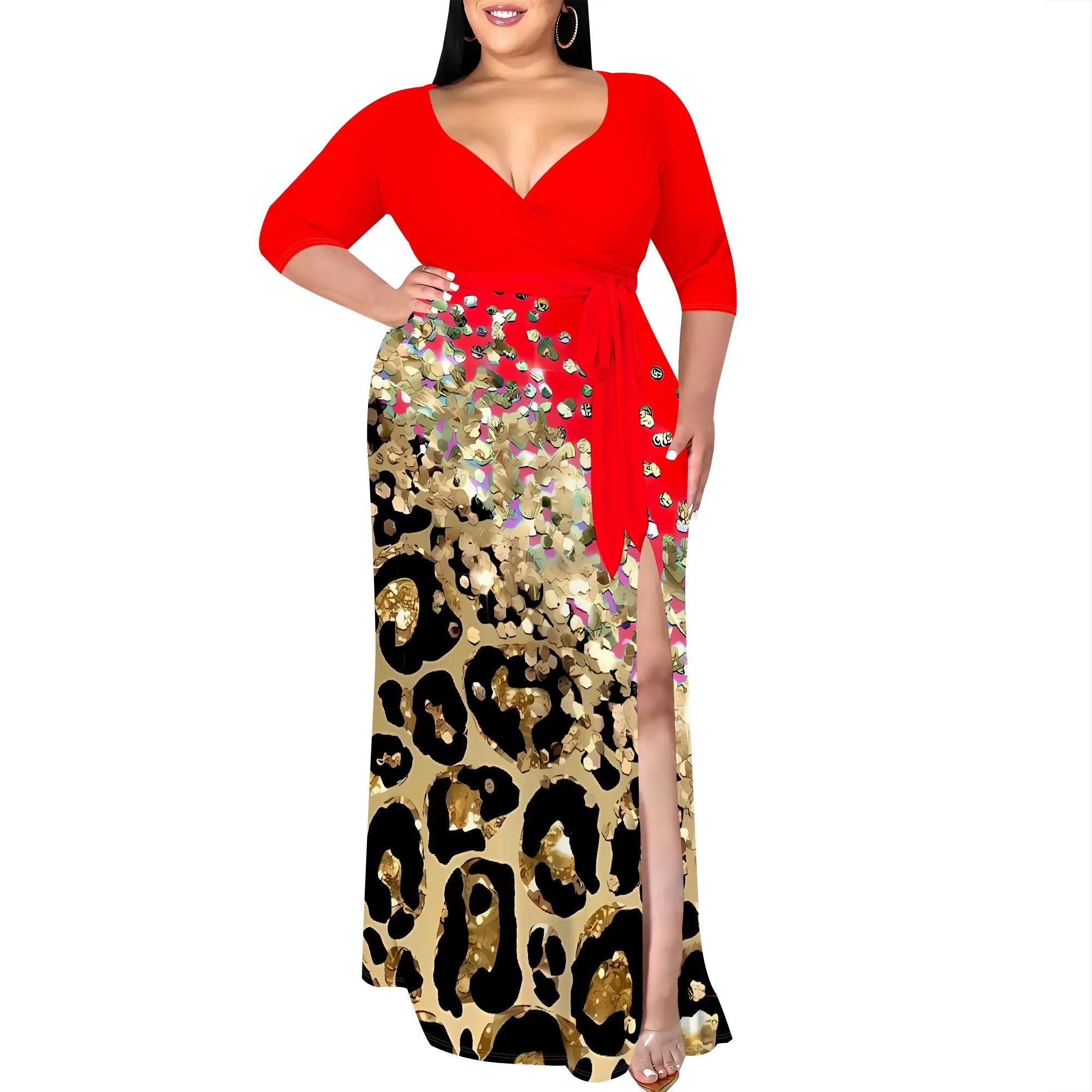 Plus Size V-Neck Wrap Maxi Dress with Gold Leopard Print Split Hem Elegant Party Dress for Women