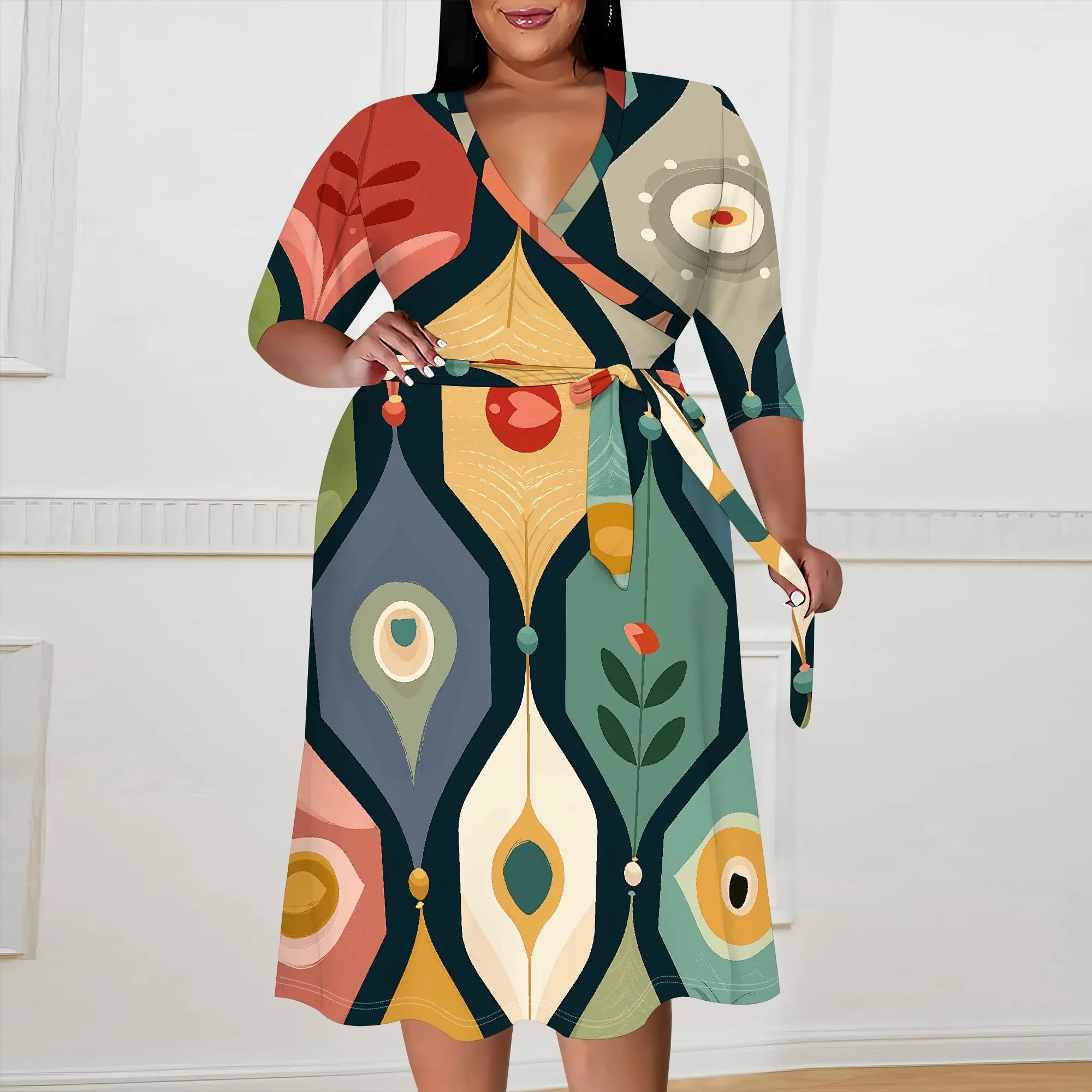 Plus Size V-Neck Wrap Midi Dress Abstract Dot Print Artistic Style Half Sleeve Summer Look