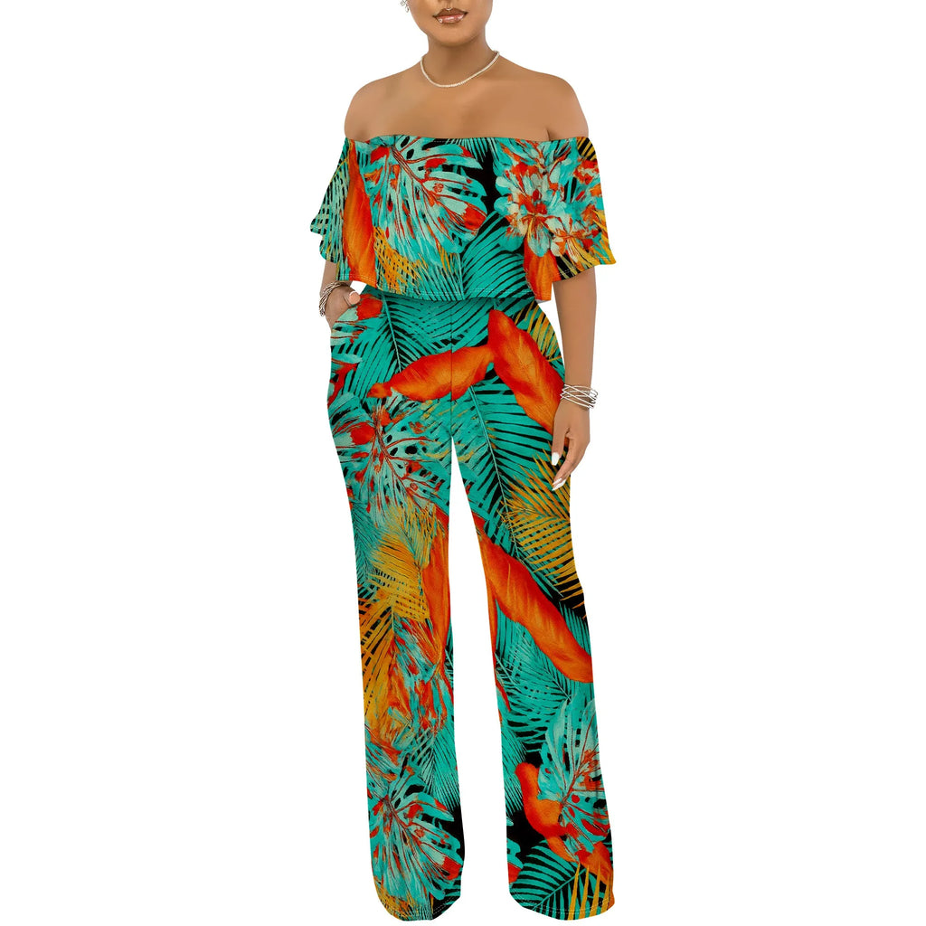 Off Shoulder Tube Top Ruffle Floral Print Jumpsuits for Women Wide Leg Pants Club Party Outfits Jumpsuit with Pockets