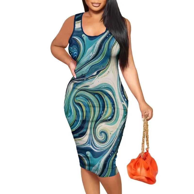 Vestido informal de verano para mujer, sexy, ajustado, con cuello en U, cruzado, sin mangas, midi, para fiesta, club, vestido de tubo con estampado floral 