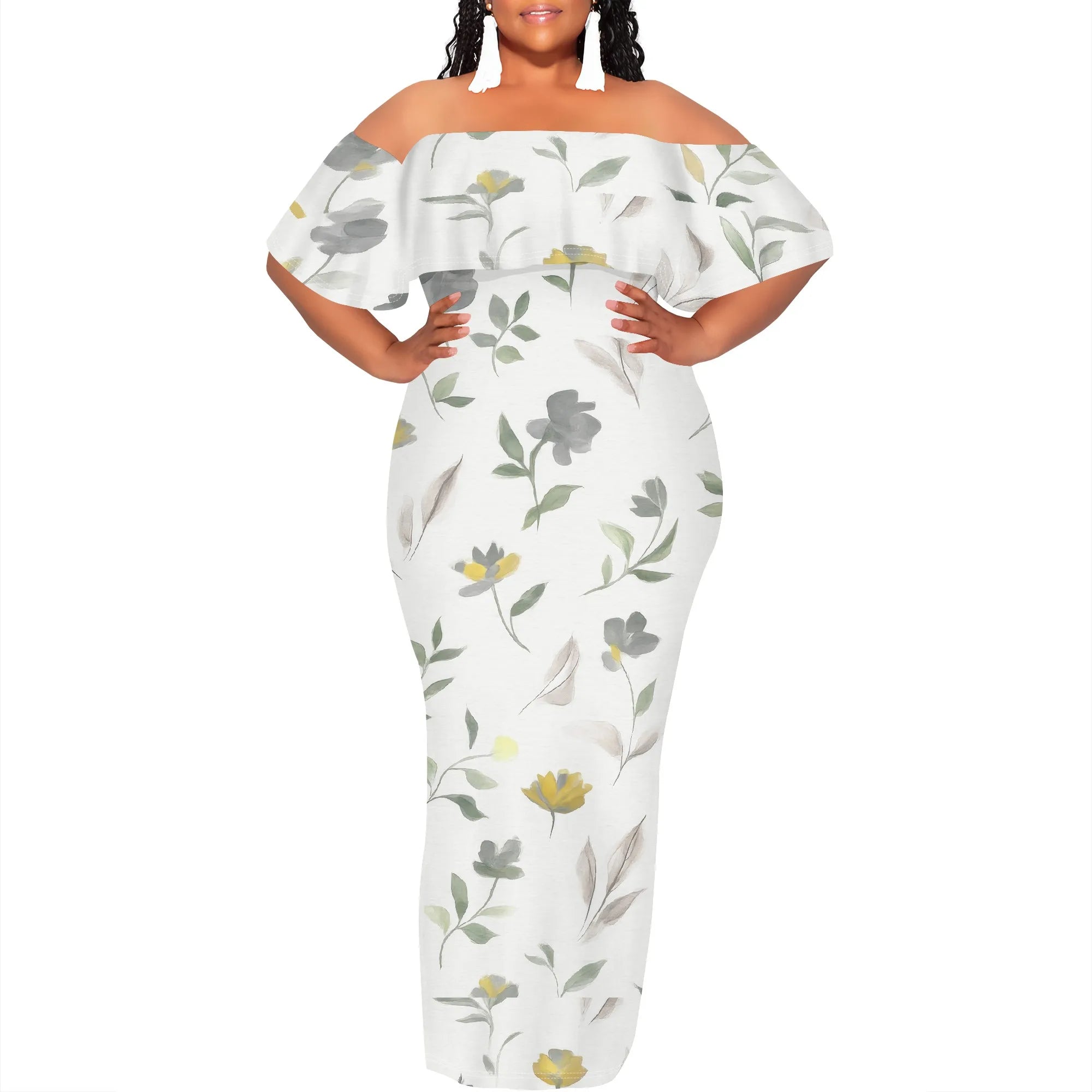 Curvy Women Casual Solid Color Off Shoulder Casual Short Sleeve Sexy Plus Size Maxi Dress Cocktail Club Party Dresses