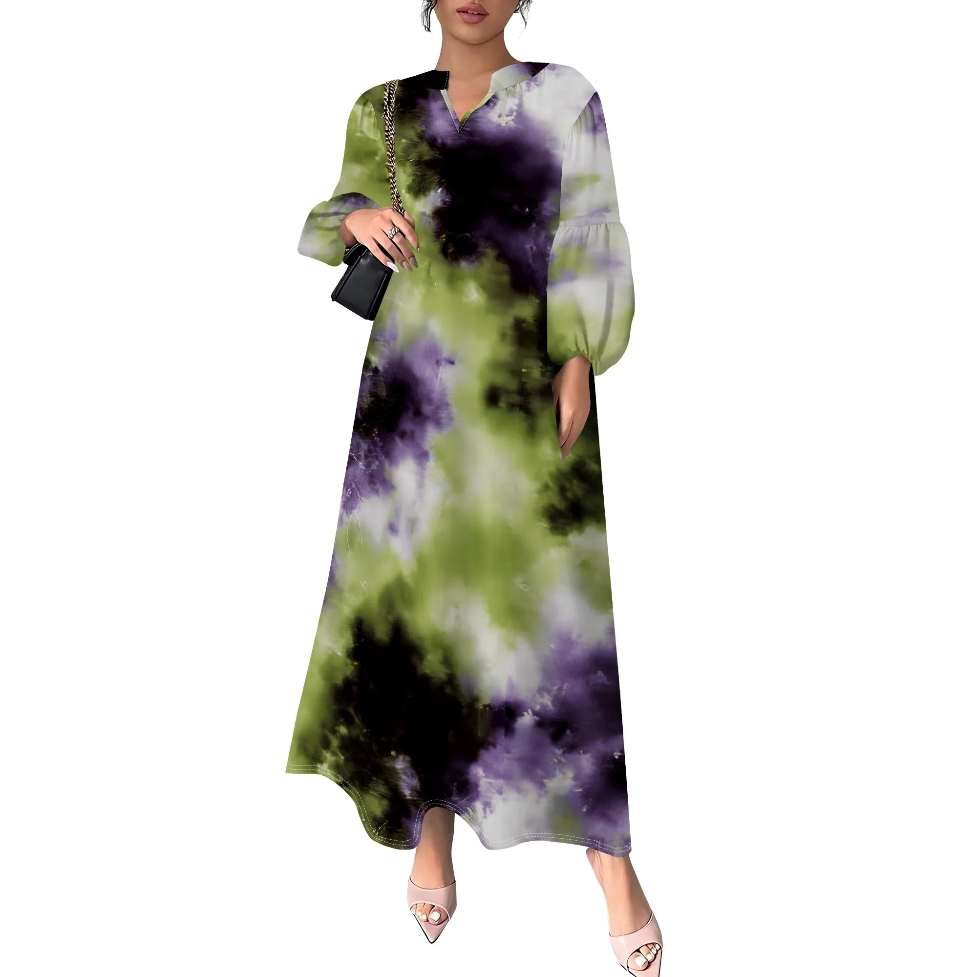 Women's Summer Boho Floral Long Sleeve V-Neck Midi Dress Casual Loose Colorful Beach Vacation Dress with Pockets