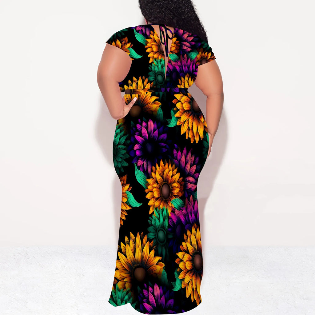 Plus Size Floral Print Maxi Dress V Neck Summer Casual Elegant Long Dress for Women