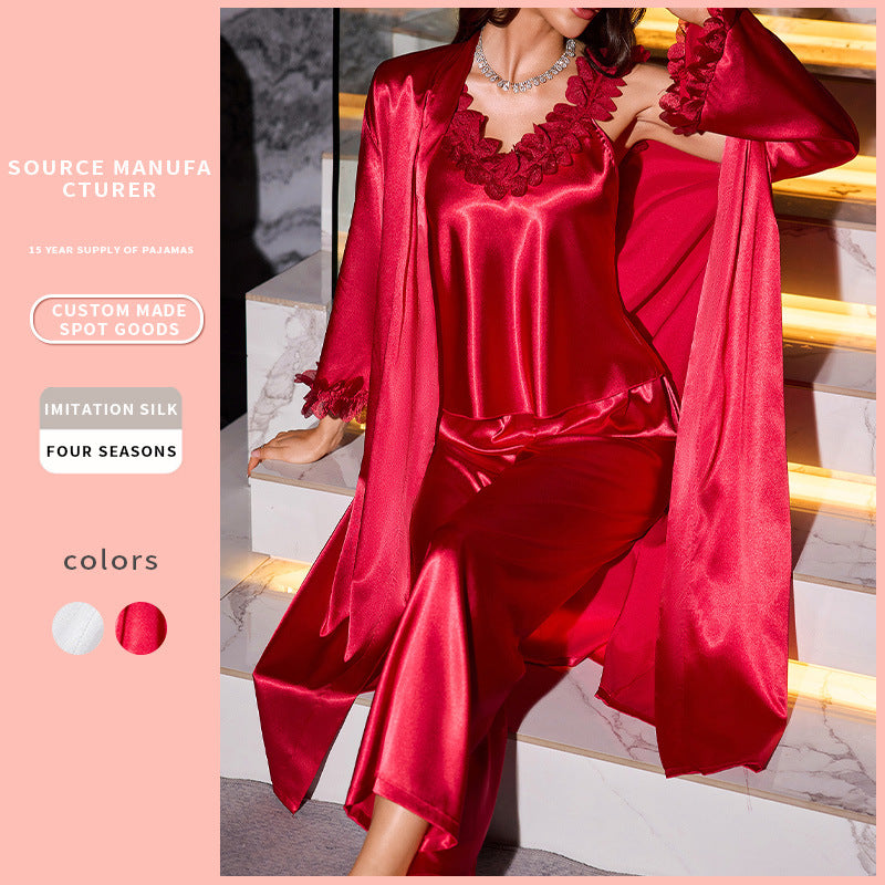 Comfortable Wearable at Home Camisole Shorts Robe Three-Piece Set