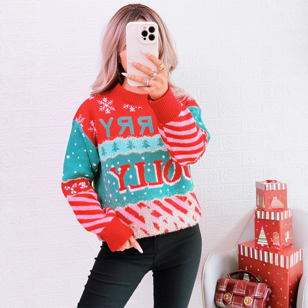 Color blocking knitted pullover sweater with round neck retro long sleeved casual sweater for women