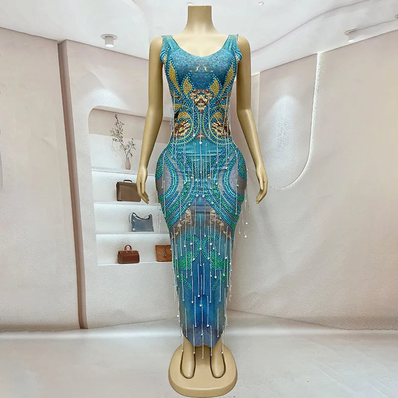 2025 Blue-green White Temperament Deep V Rear Split Dress Bar Nightclub Dancing Activity Dance Performance Clothes Signing Party