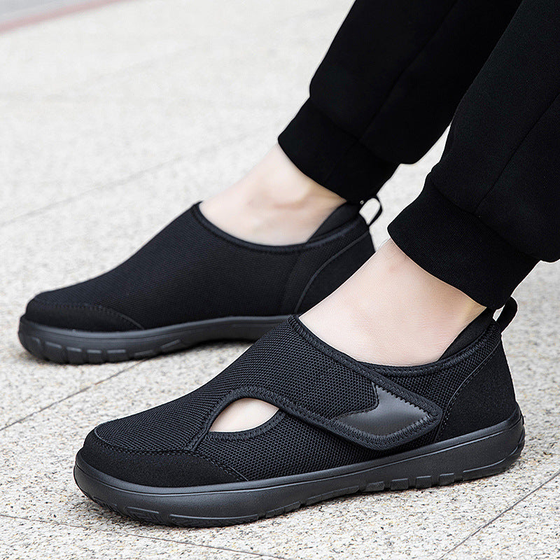 Wide Hook-and-Loop Closure Elderly Walking Shoes Summer Rehabilitation Shoes Simple Lightweight Fly-Knit Mesh Comfortable
