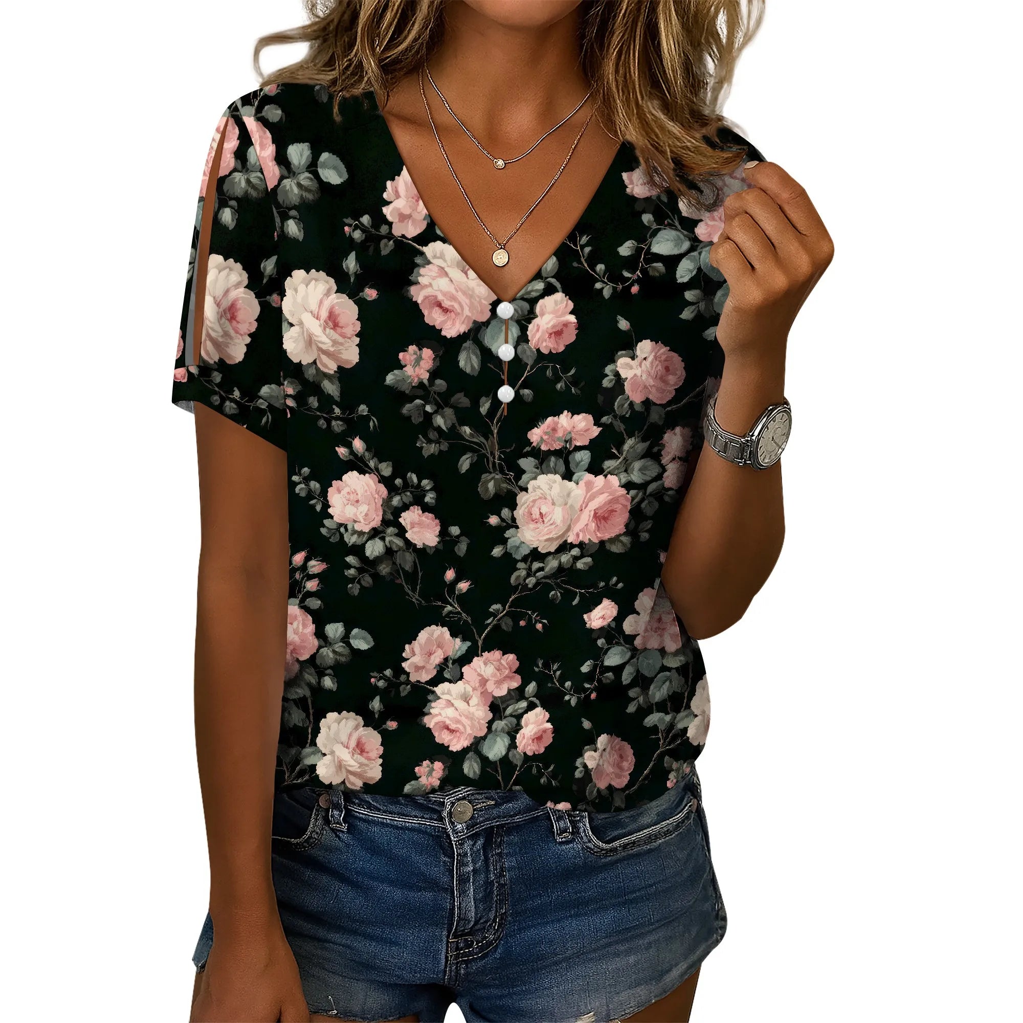 Cold Shoulder Casual Tops for Women Button Boho Floral Printed V-Neck Vintage Short Sleeve Summer T Shirts