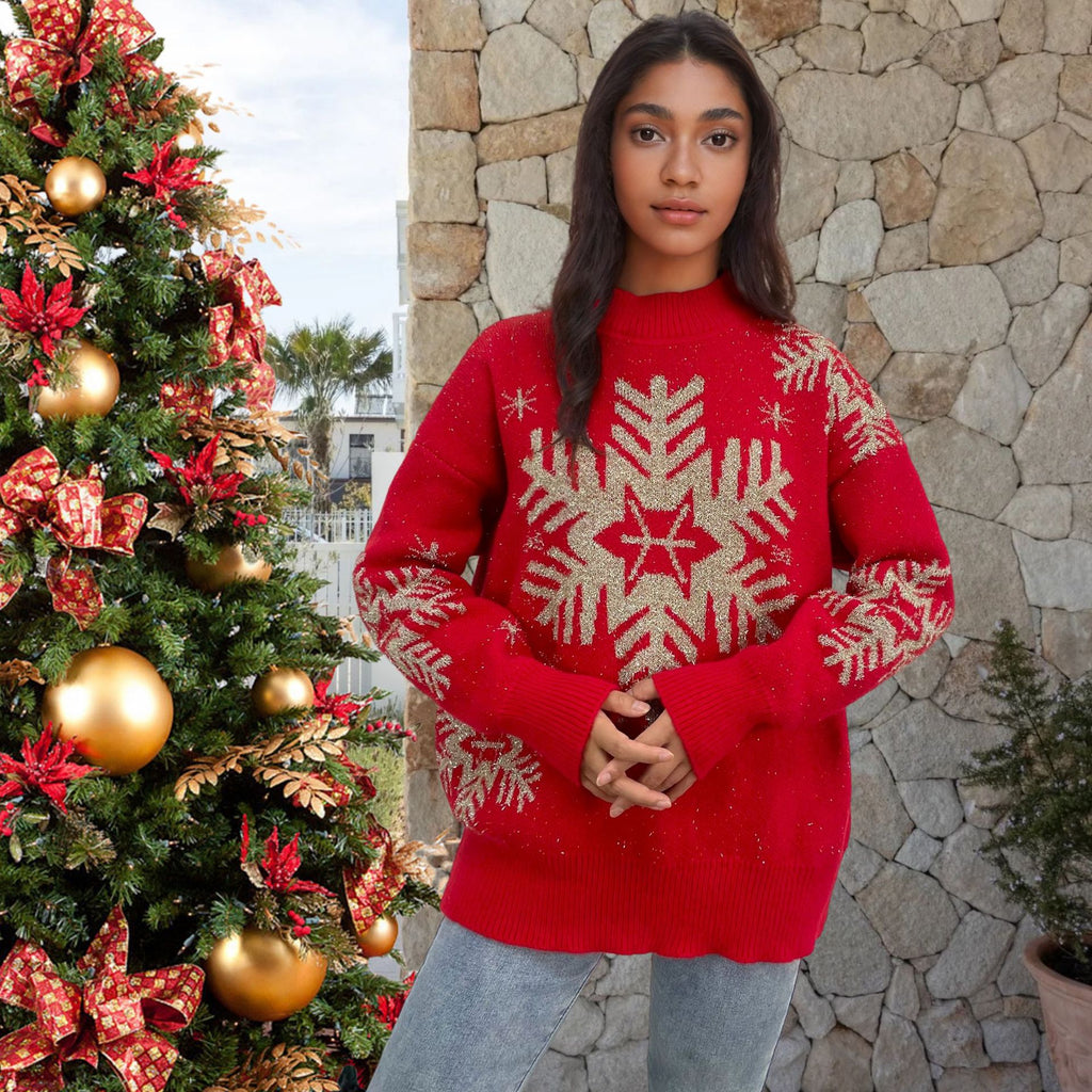 Red snowflake color blocked sweater loose Christmas round neck knit sweater