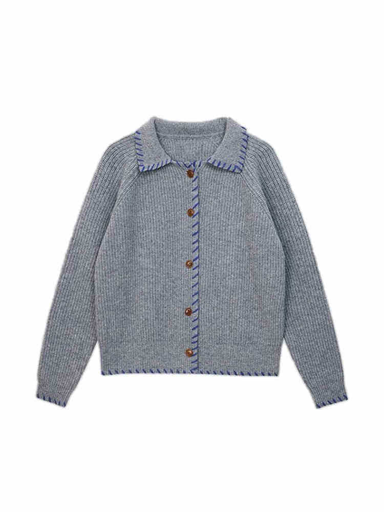 Laziness Style Color-block Loose Slim-fit Turn-down Collar Knit Sweater Coat