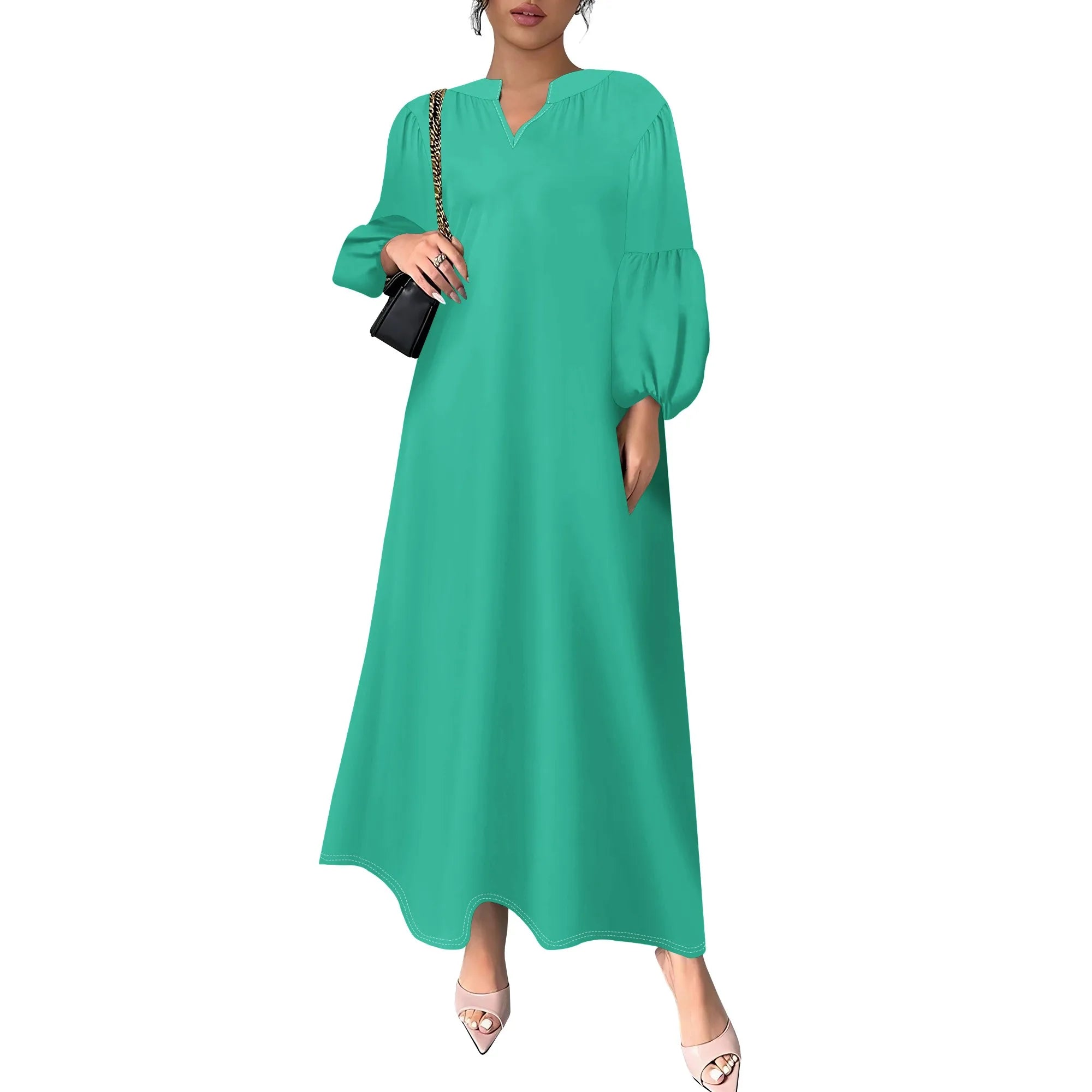 Women's Summer Boho Floral Long Sleeve V-Neck Midi Dress Casual Loose Colorful Beach Vacation Dress with Pockets