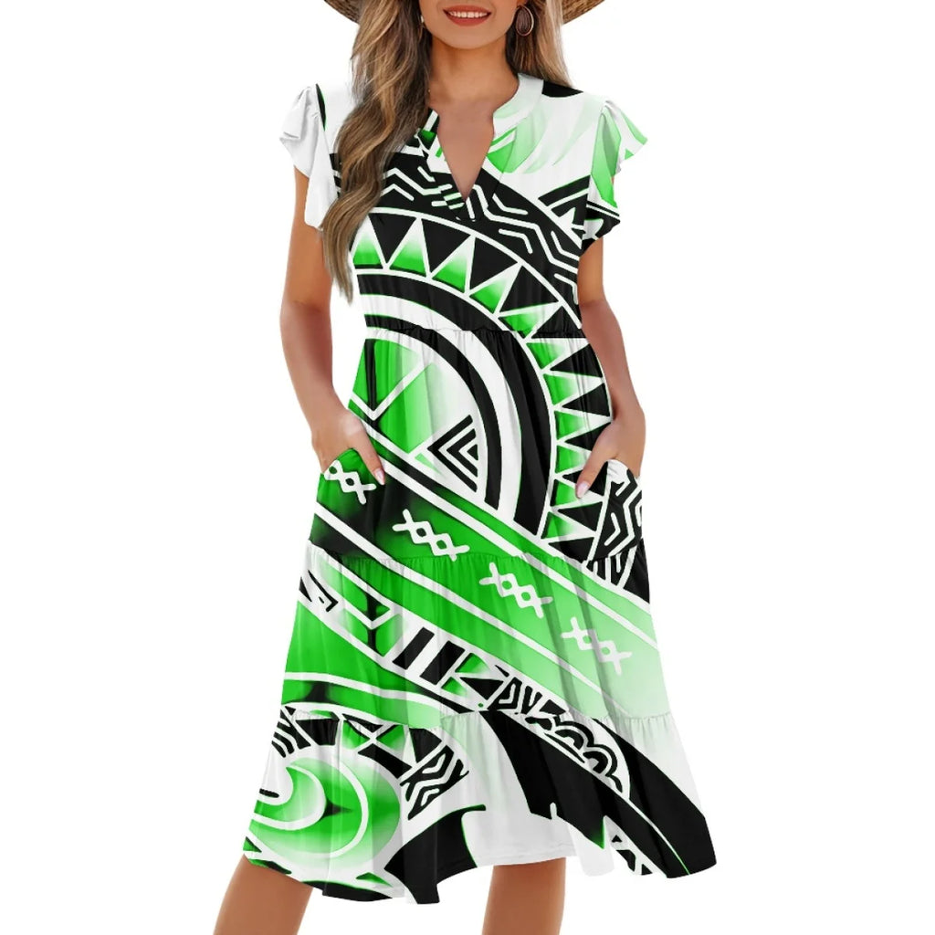 New Arrival Purple Polynesian Tiare Flower Dress Fashion Elegant Hawaiian Women Deep V Neck Pocket Waist Splicing Dress