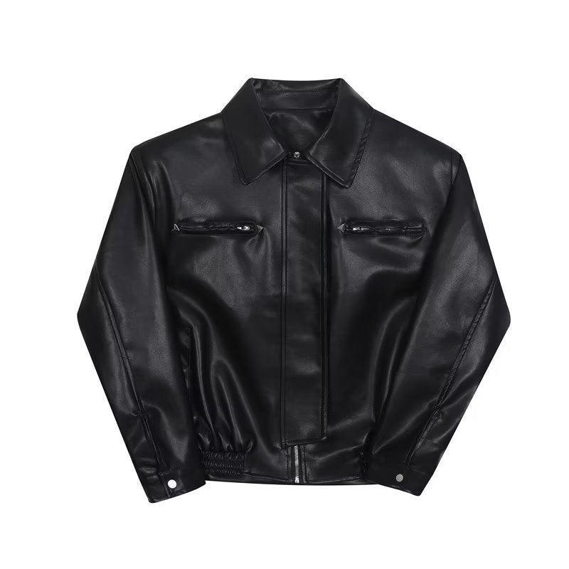 High end PU leather jacket, men's handsome motorcycle suit, loose leather jacket, trendy