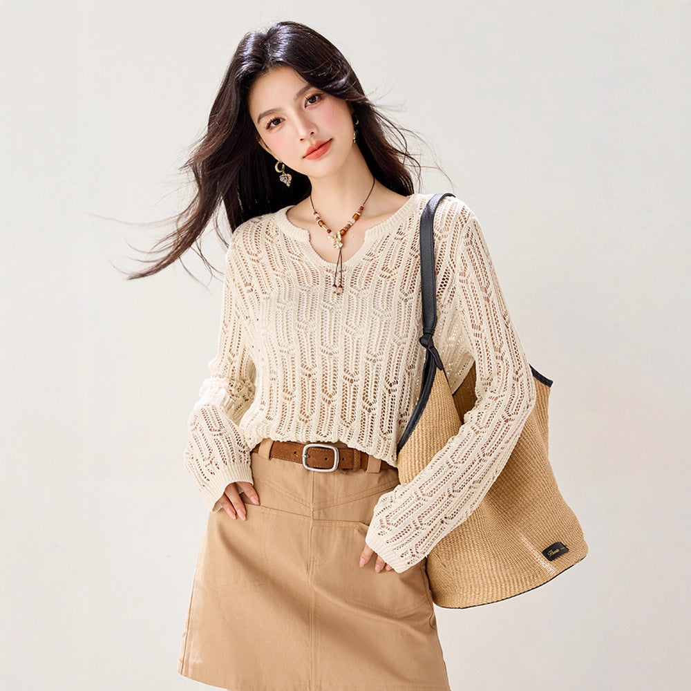 French-style Solid Color Knit Sweater, Loose Fit, Long Sleeve, Breathable, Hollow-out Design, Fashionable Casual Layering Top, Comfortable
