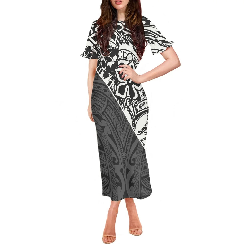 Summer Flowers Polynesian Tiare Monoi Tattoo Dress Hawaiian Style Women's Ruffle Short Sleeve Dress Casual Clothing