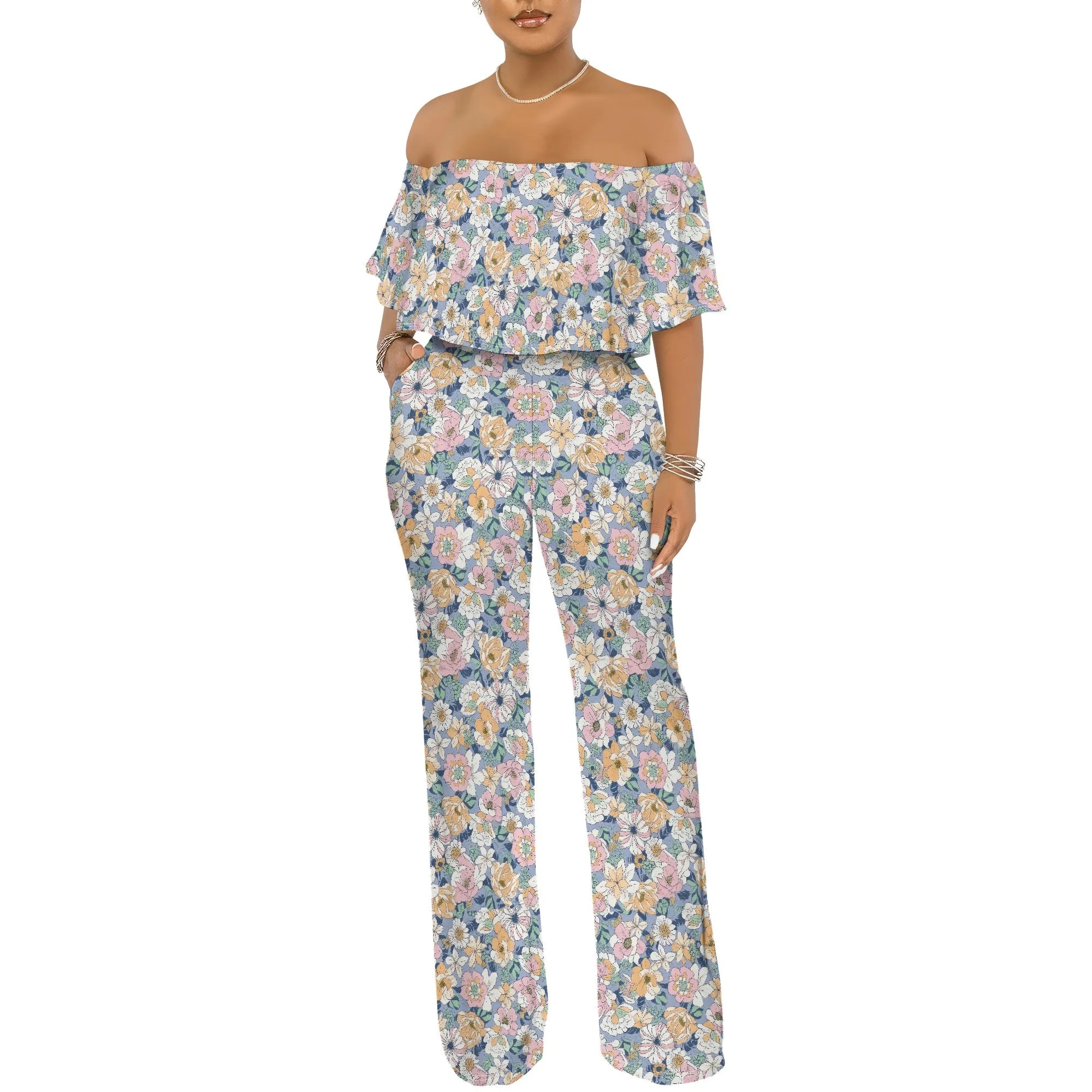 Off Shoulder Tube Top Ruffle Floral Print Jumpsuits for Women Wide Leg Pants Club Party Outfits Jumpsuit with Pockets