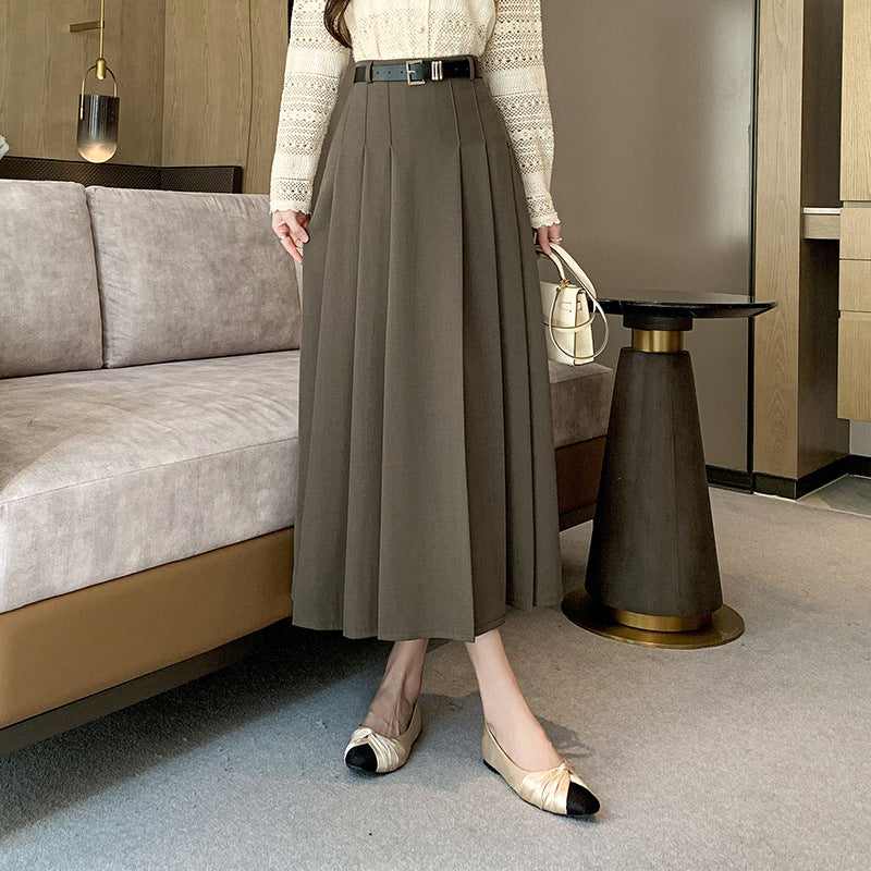 Mid-length A-line Skirt for Women High Waist Pleated Long Skirt Office Style Over-the-Knee Suit Style Umbrella Skirt