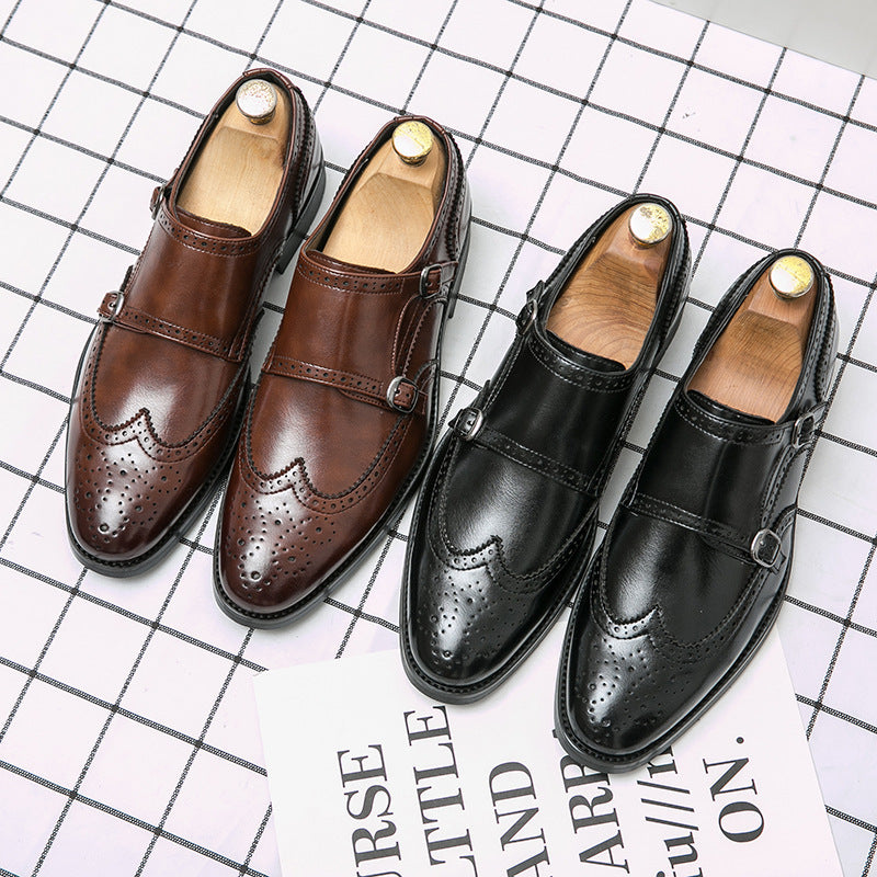 Men's buckle leather shoes, leather shoes, one-piece formal wear, men's height increasing shoes