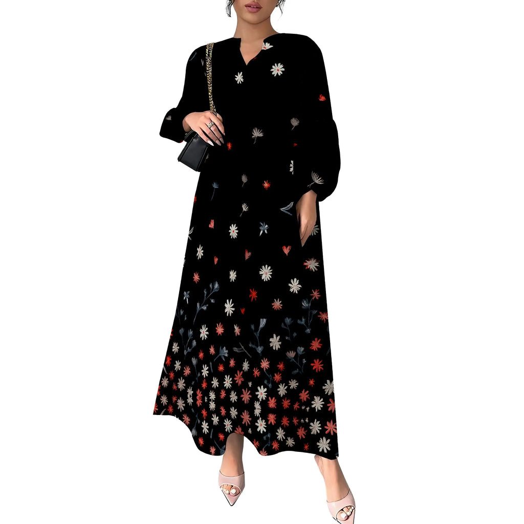 Women's Summer Boho Floral Long Sleeve V-Neck Midi Dress Casual Loose Colorful Beach Vacation Dress with Pockets