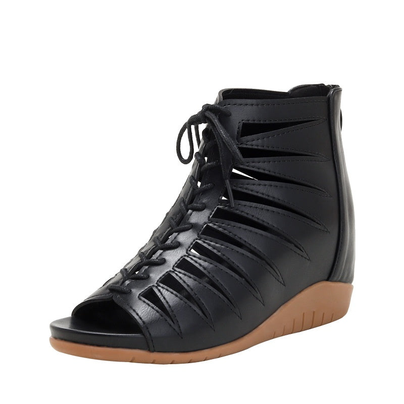 Hollow Out Wedge Sandals with Ankle Strap High-Top Roman Shoes Fish Mouth Sandals for Women