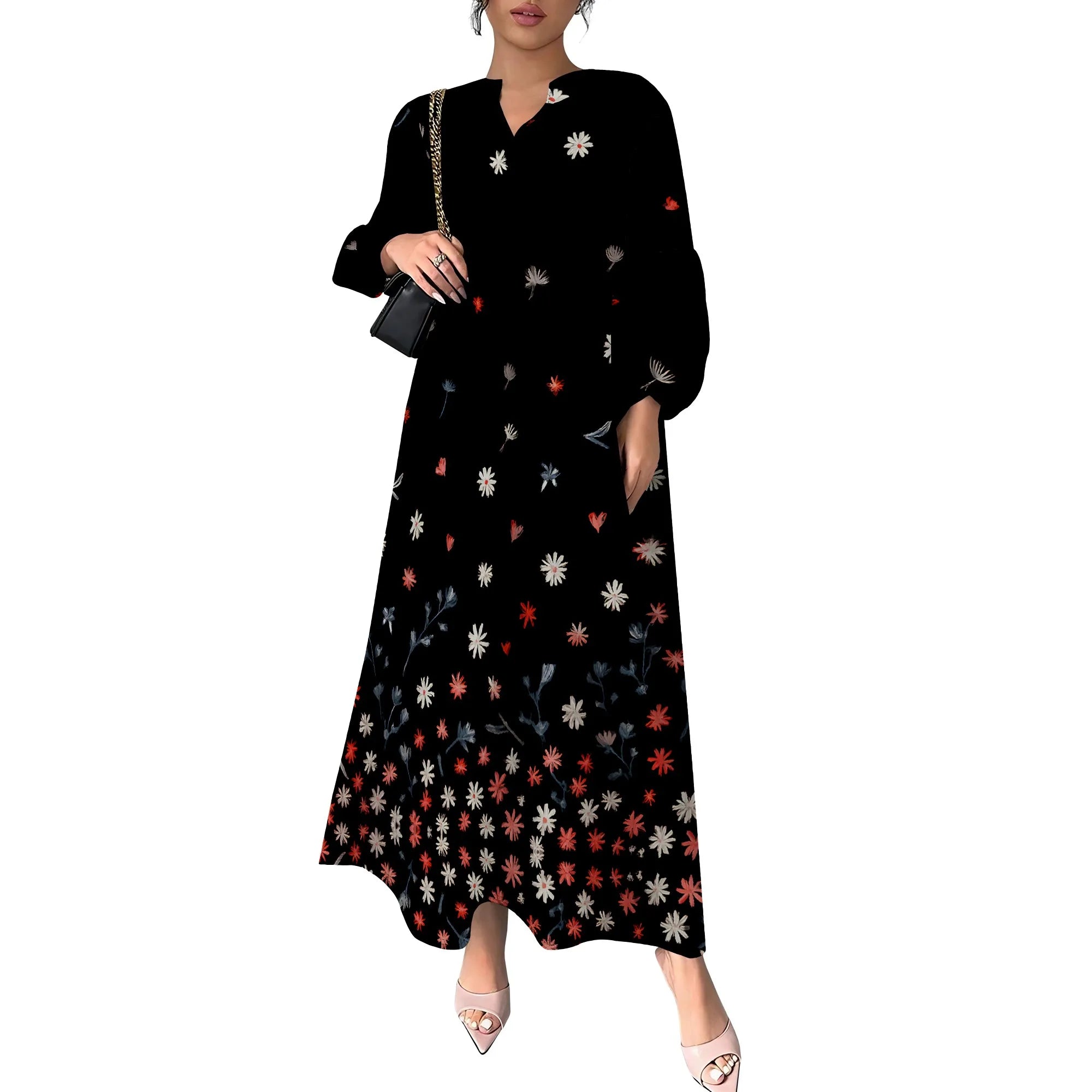 Women's Summer Boho Floral Long Sleeve V-Neck Midi Dress Casual Loose Colorful Beach Vacation Dress with Pockets