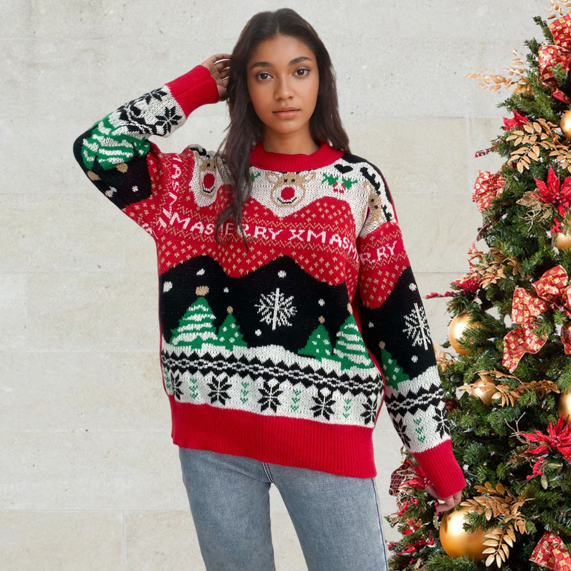 Loose sweater women's retro lazy style knitted Christmas top